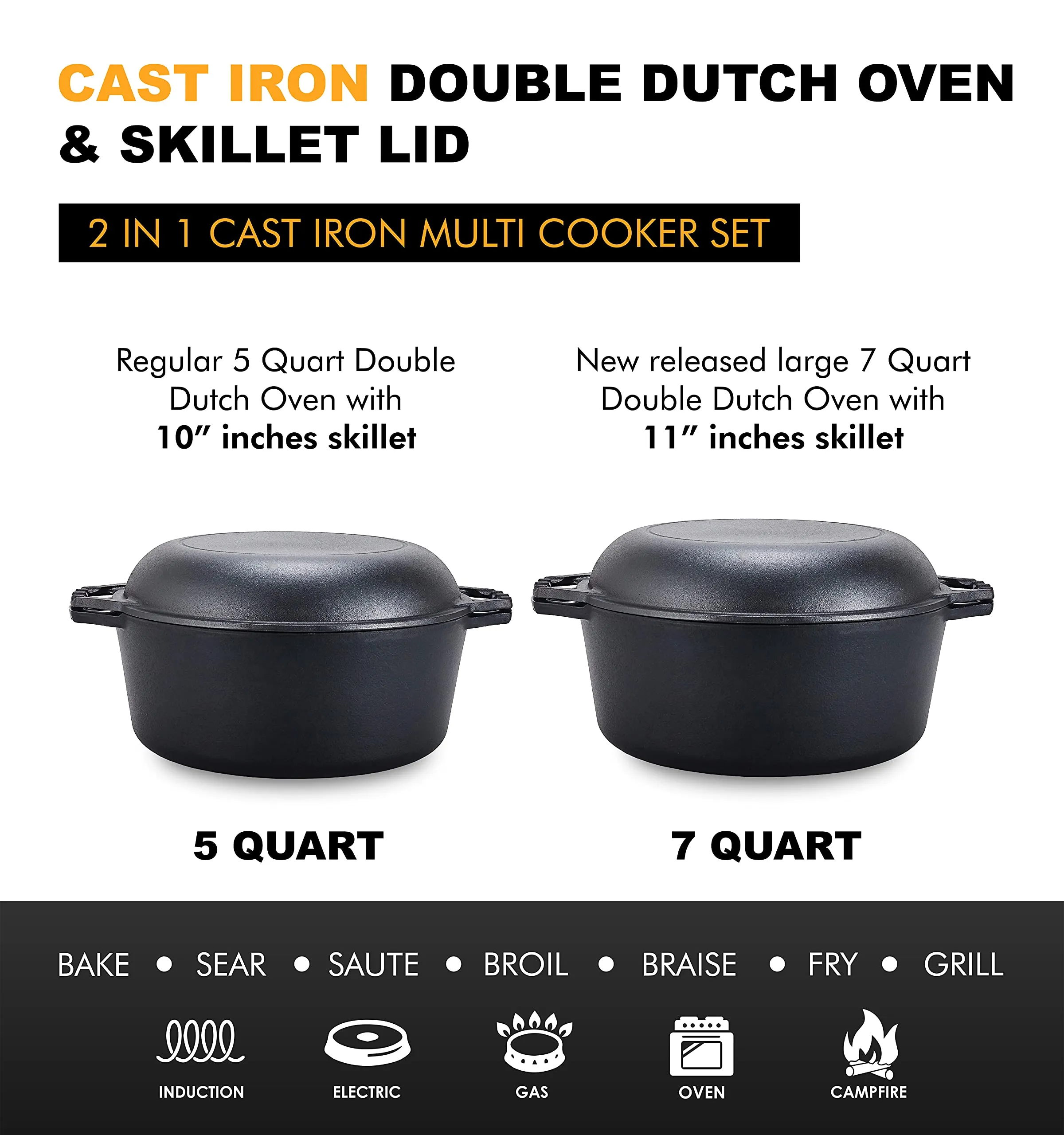 2 In 1 Double Dutch Oven And Domed Skillet Lid, 7 Quart Dutch Oven   11" Skillet Lid