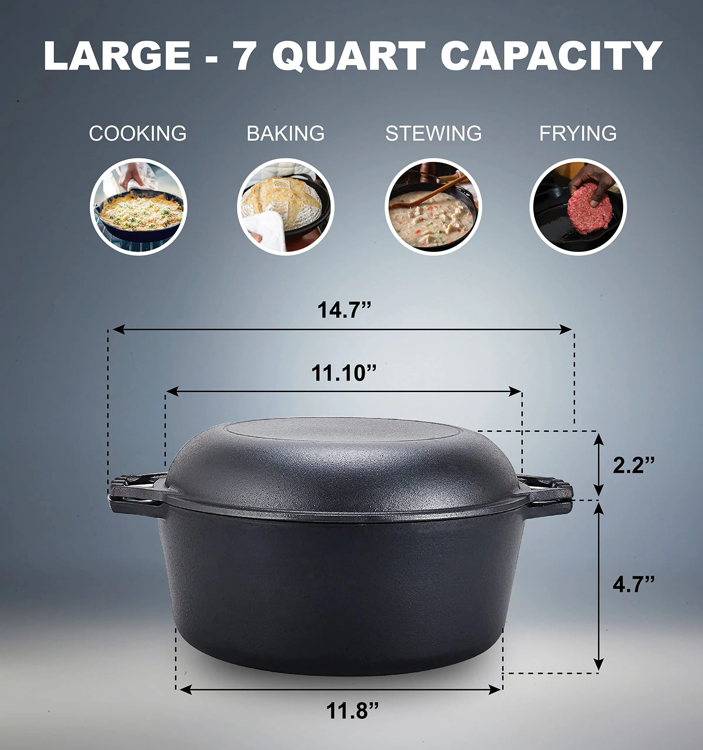 2 In 1 Double Dutch Oven And Domed Skillet Lid, 7 Quart Dutch Oven   11" Skillet Lid