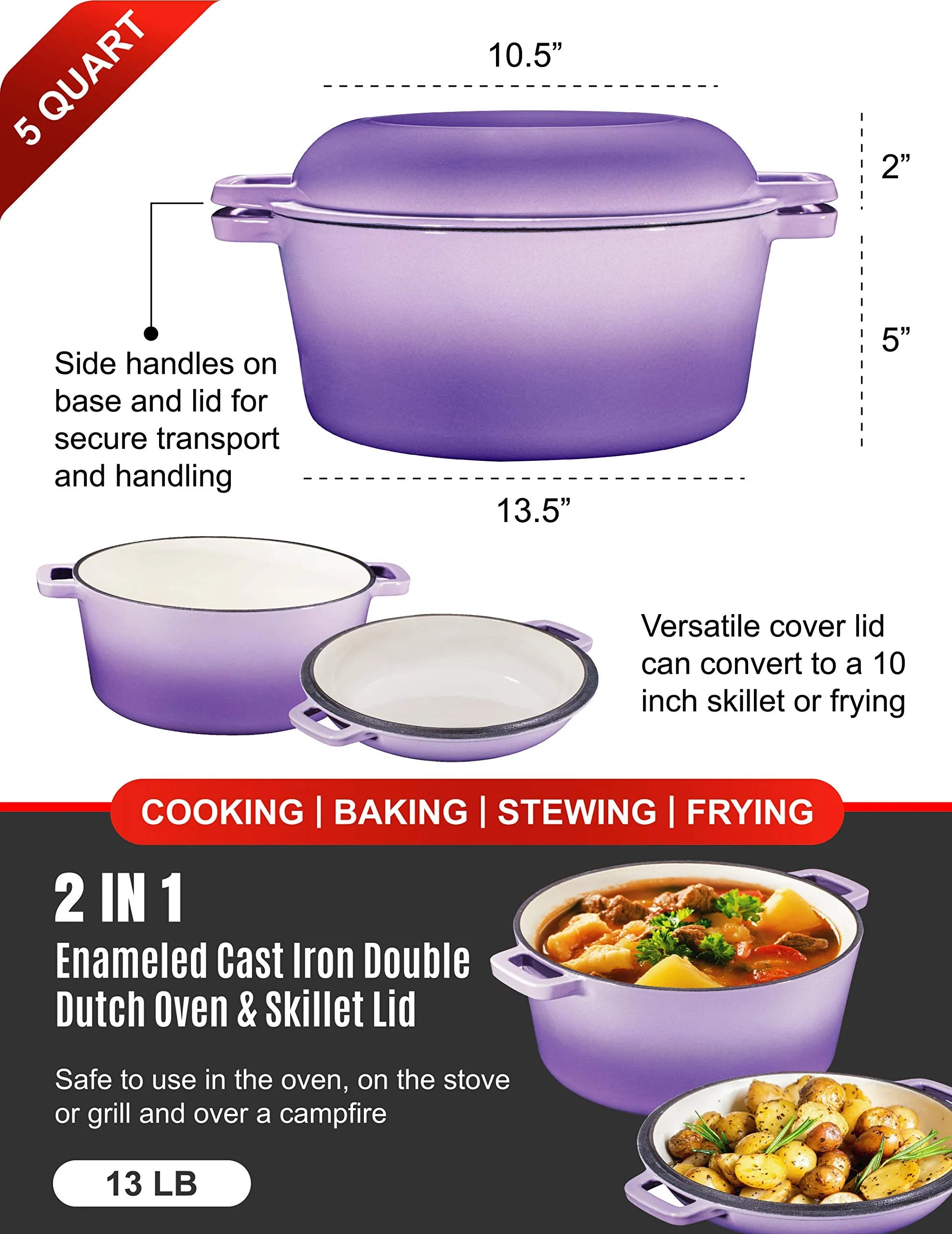 2 In 1 Double Dutch Oven And Domed Skillet Lid 7 Quart Pre