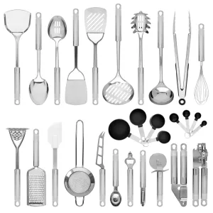 29-Piece Premium Stainless Steel Cooking Utensil Set for Kitchen - Silver