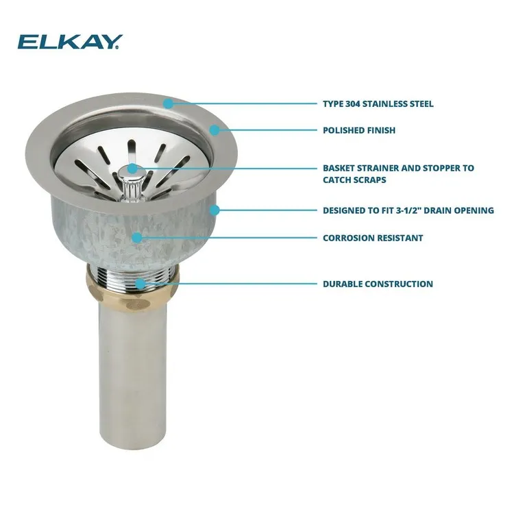 3-1/2" Deluxe Type 304 Stainless Steel Drain Fitting with Strainer Basket and Tailpiece
