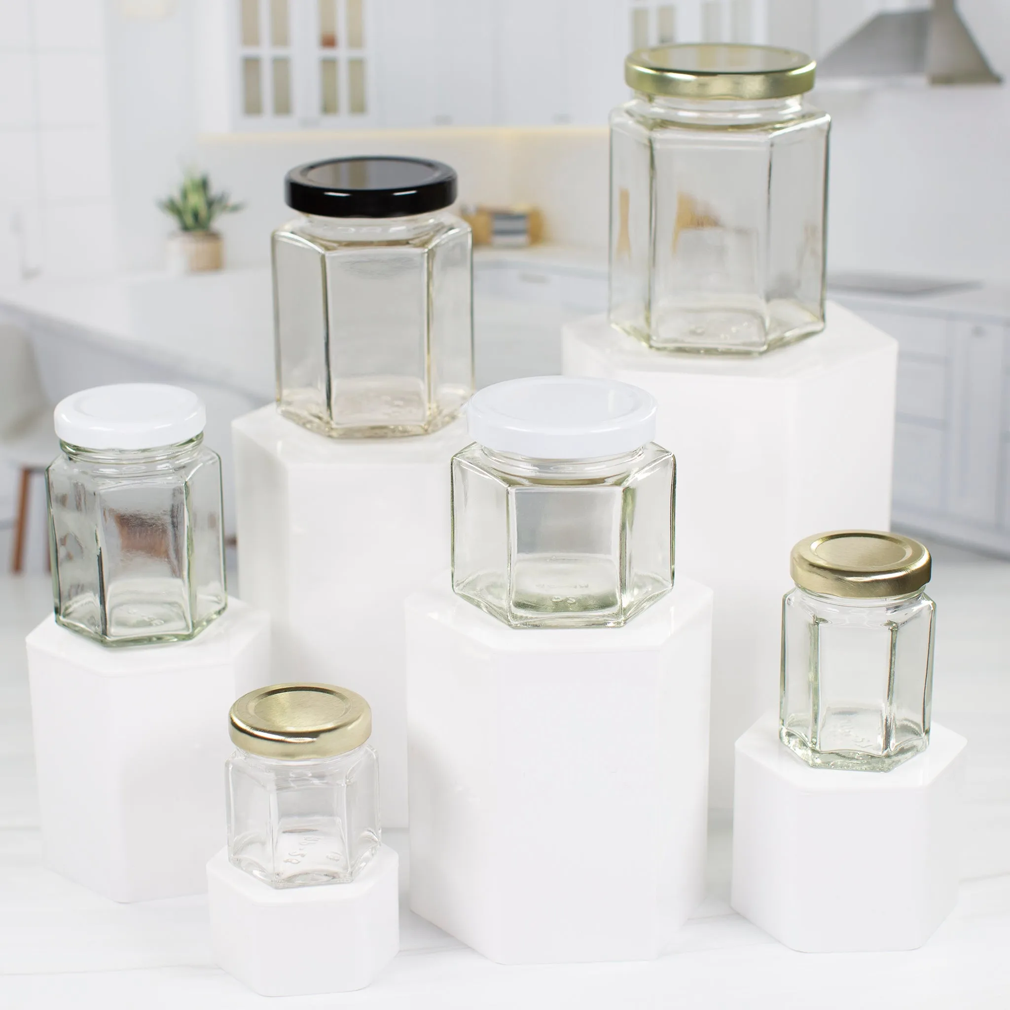 55 ml Hexagon Glass Jar with 43mm Gold Metal Lug Lid