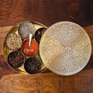 8" Round Kitchen Spice Box / Masaledani | Brass | Intricate Pattern | 7 Cups