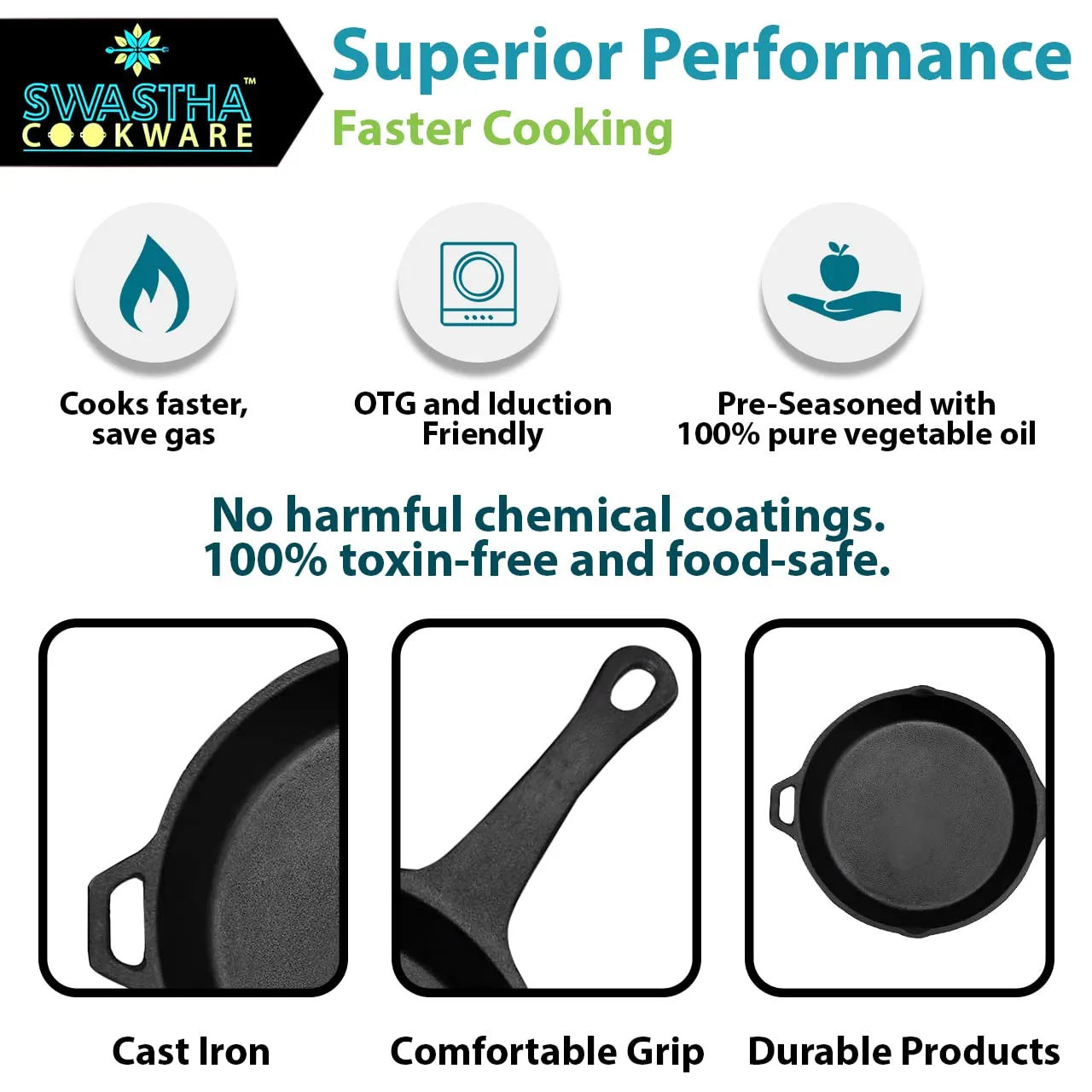 9" Single Handle Skillet | Frying & Sautéing | Pre-Seasoned Cast Iron | Healthful