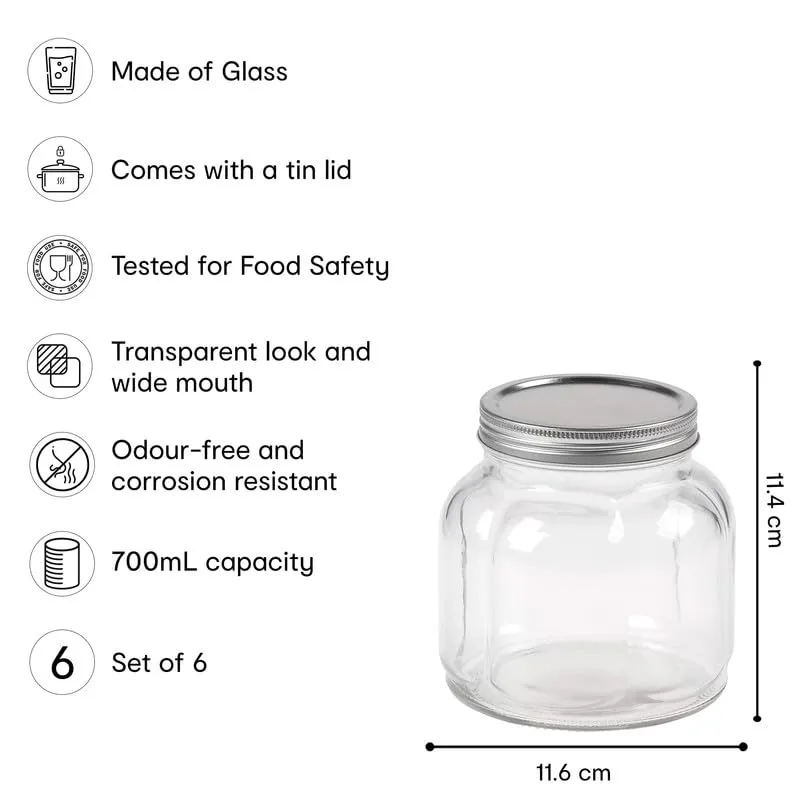 Anko 700ml Clear Fluted Glass Jar for Kitchen Storage | Set of 6 | Airtight Container Set for Kitchen with Corrosion Resistant Tin Lid | Dishwasher Safe Kitchen Storage Container Set for Flour/Cereal