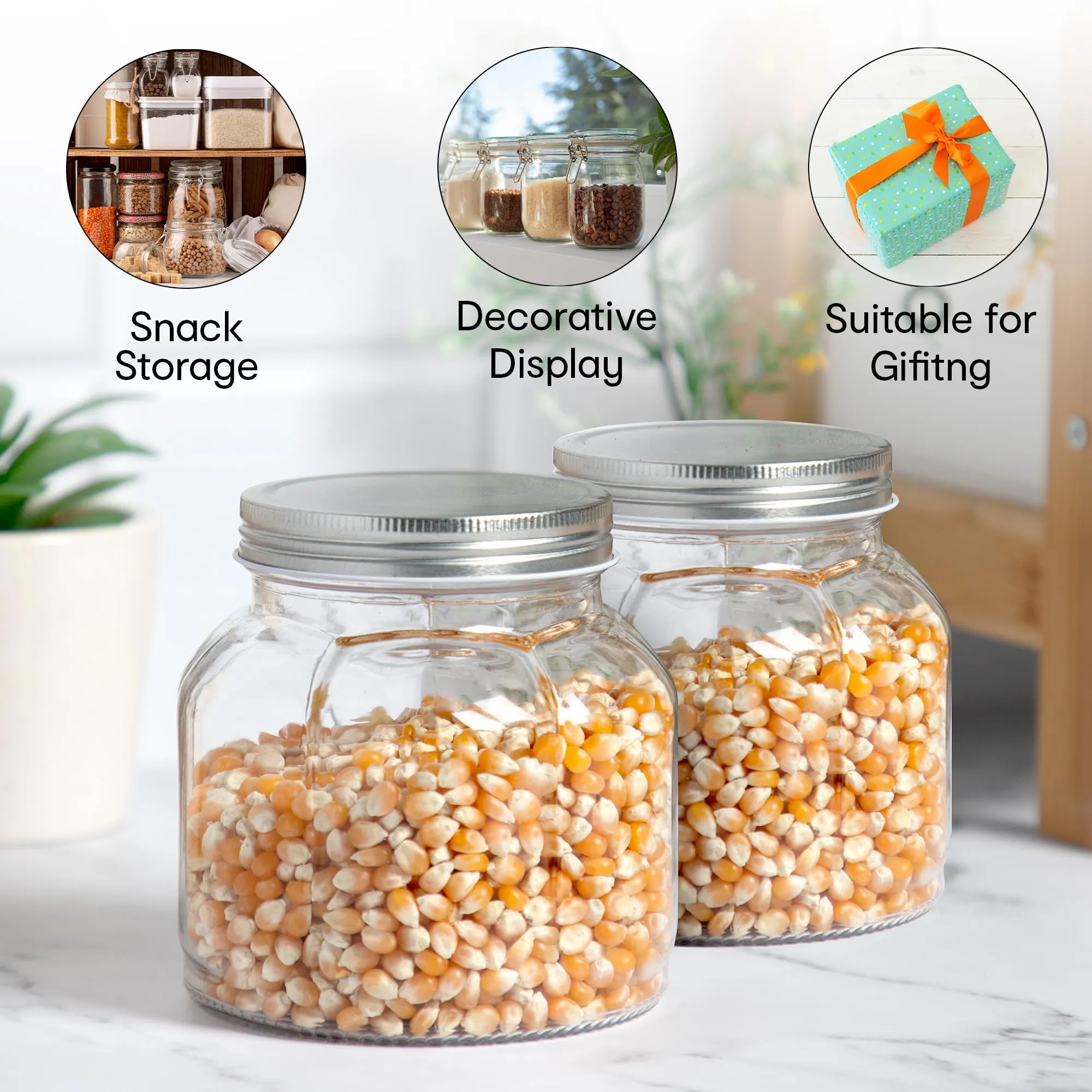 Anko 700Ml Clear Fluted Glass Jar For Kitchen Storage|Set Of 2|Airtight Container Set For Kitchen With Corrosion Resistant Tin Lid|Dishwasher Safe Kitchen Storage Container Set For Flour/Cereal,Blue