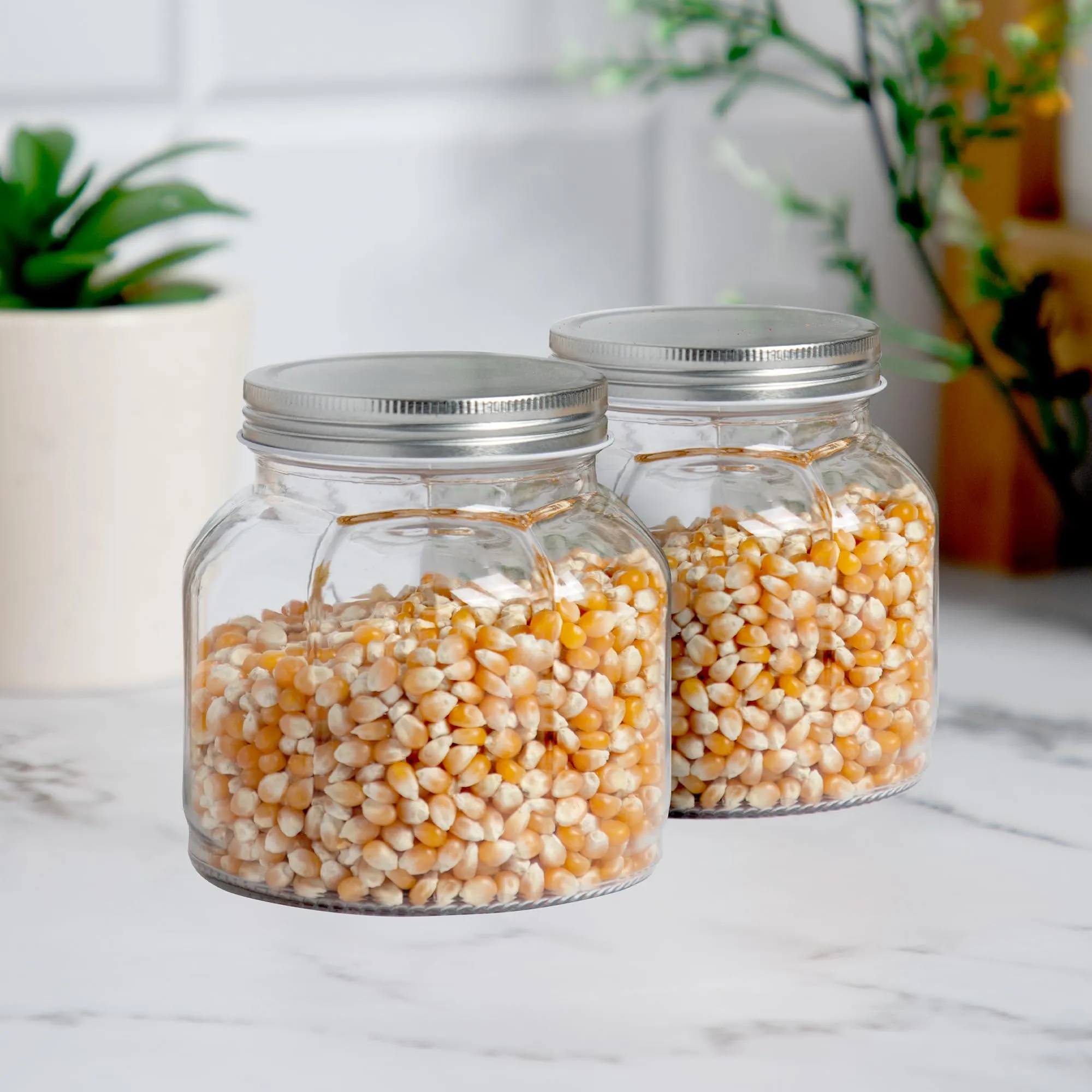 Anko 700Ml Clear Fluted Glass Jar For Kitchen Storage|Set Of 2|Airtight Container Set For Kitchen With Corrosion Resistant Tin Lid|Dishwasher Safe Kitchen Storage Container Set For Flour/Cereal,Blue