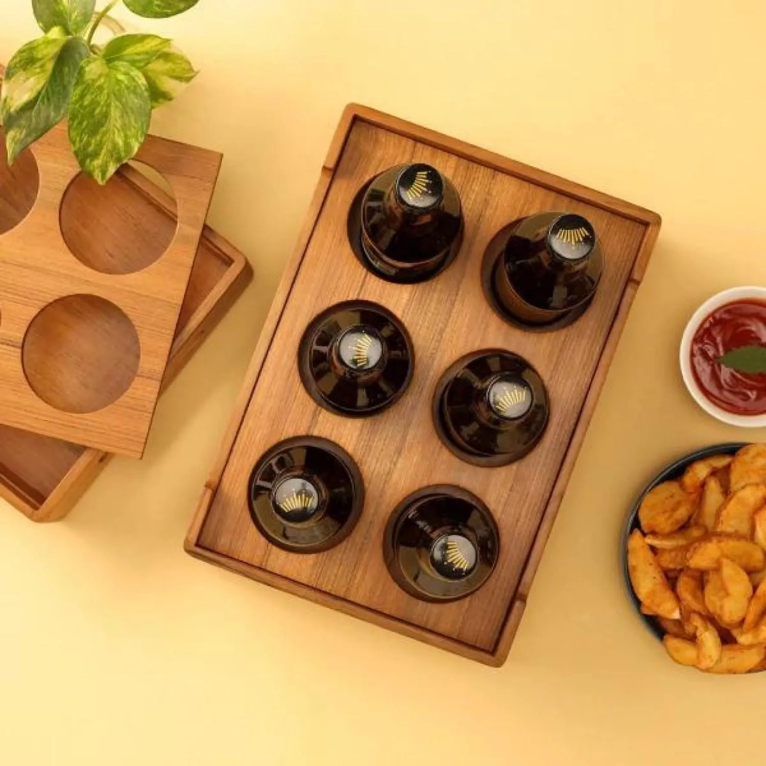Beer Serving Caddy | Premium Teak Wood | For 6 Bottles/Cans | Bar Ware| 15"