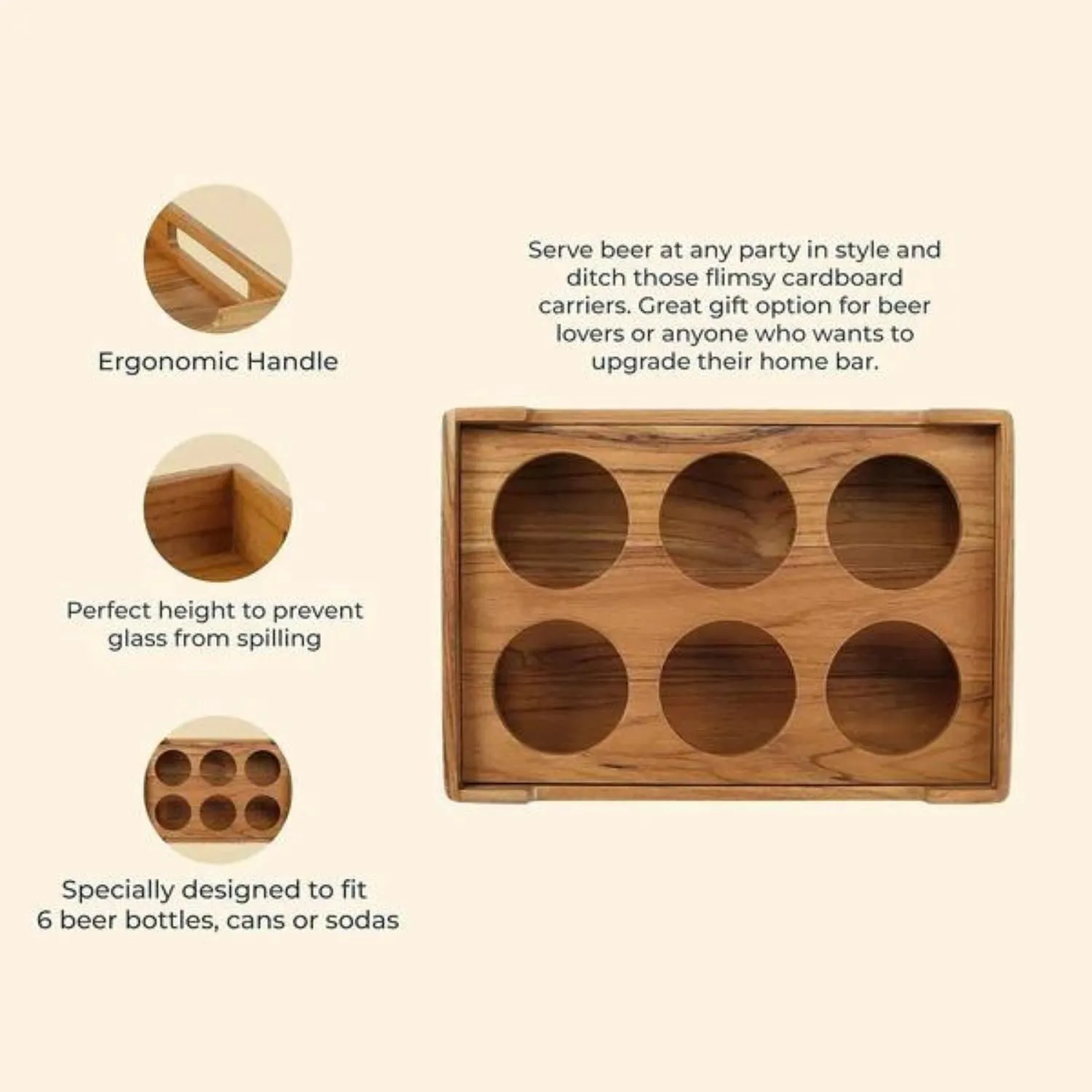 Beer Serving Caddy | Premium Teak Wood | For 6 Bottles/Cans | Bar Ware| 15"