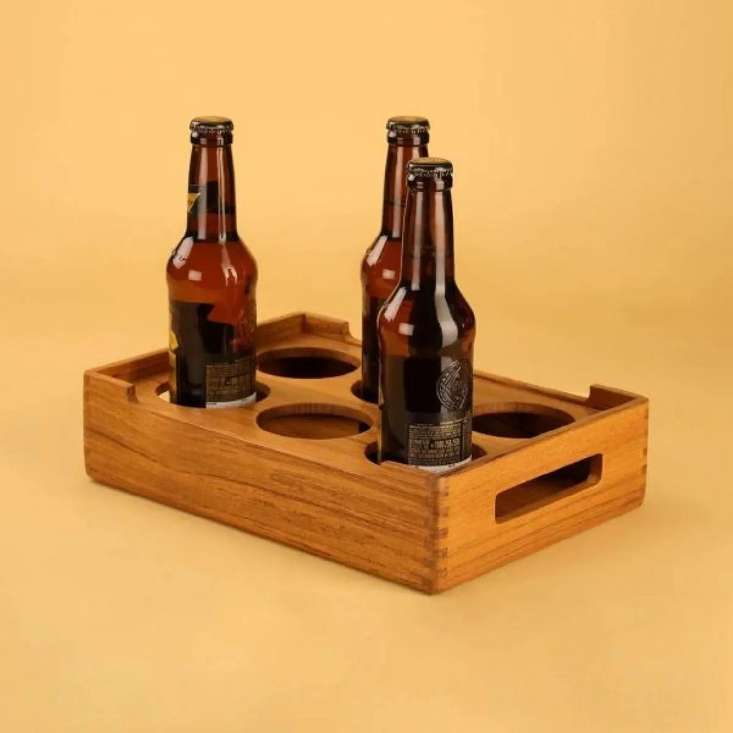 Beer Serving Caddy | Premium Teak Wood | For 6 Bottles/Cans | Bar Ware| 15"