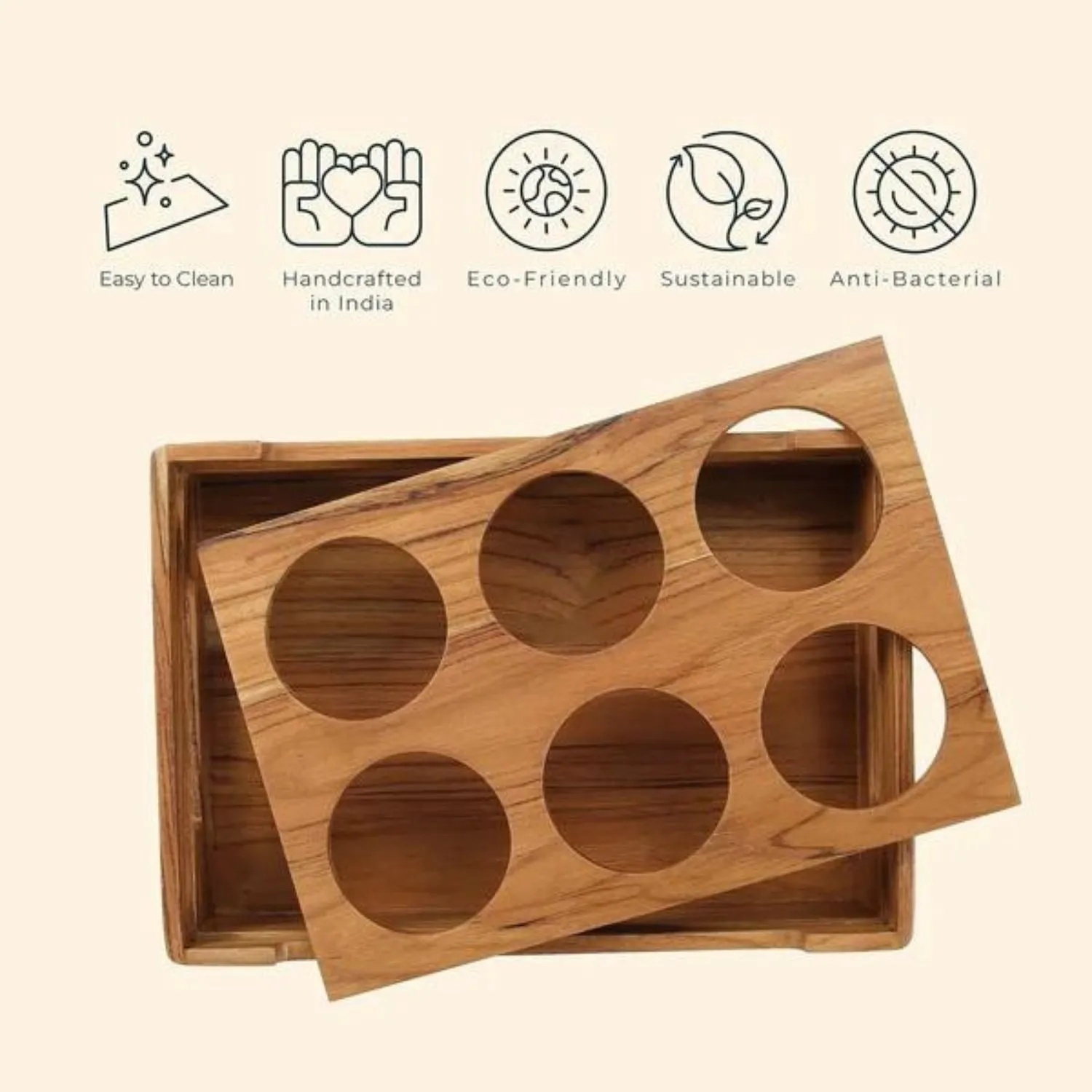 Beer Serving Caddy | Premium Teak Wood | For 6 Bottles/Cans | Bar Ware| 15"