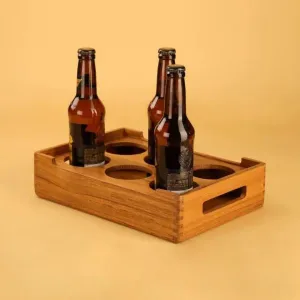Beer Serving Caddy | Premium Teak Wood | For 6 Bottles/Cans | Bar Ware| 15"