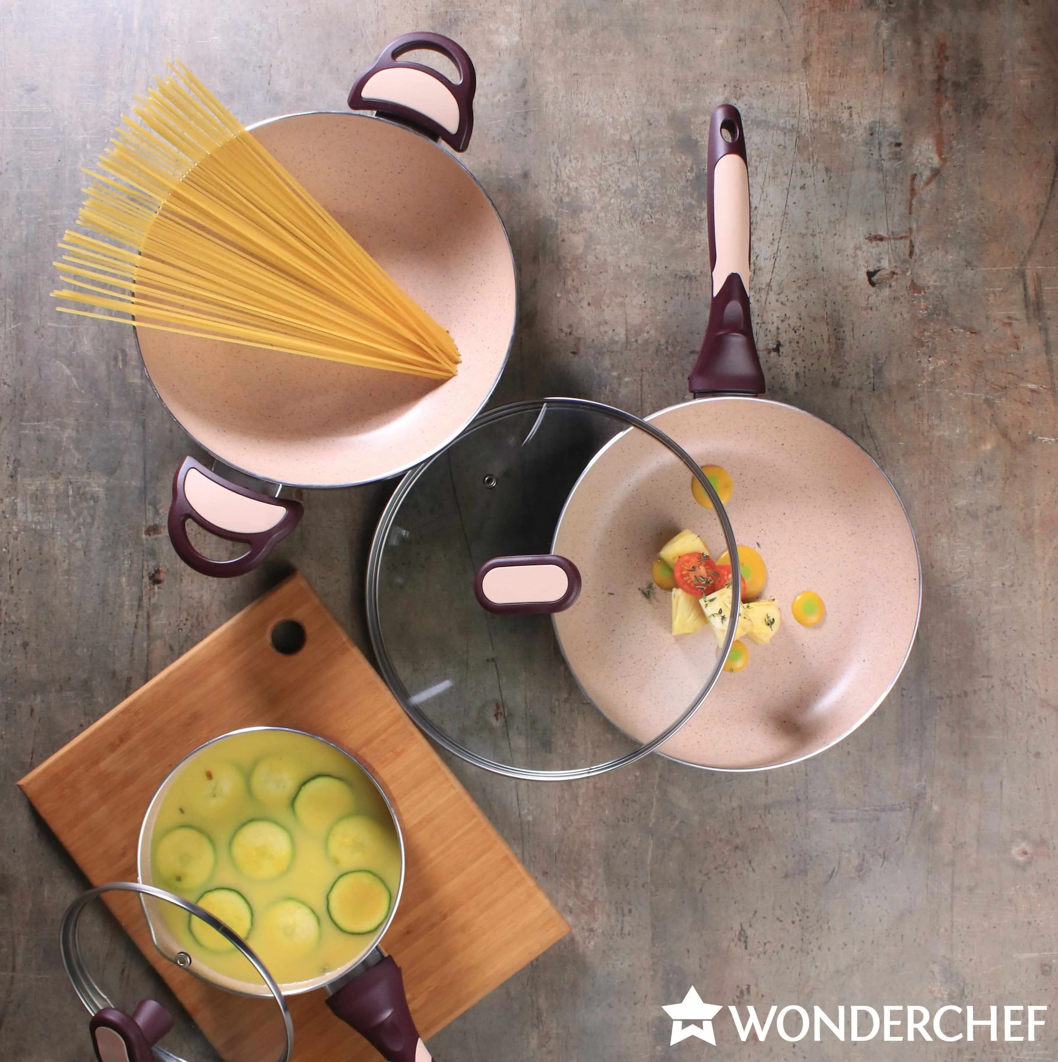 5-Piece Burlington Nonstick Cookware Set with Wok, Sauce Pan, Fry Pan - Induction Bottom, Soft-Touch Handles, Virgin Grade Aluminium, PFOA/Heavy Metals Free, 3mm, 2-Year Warranty - Maroon and Beige