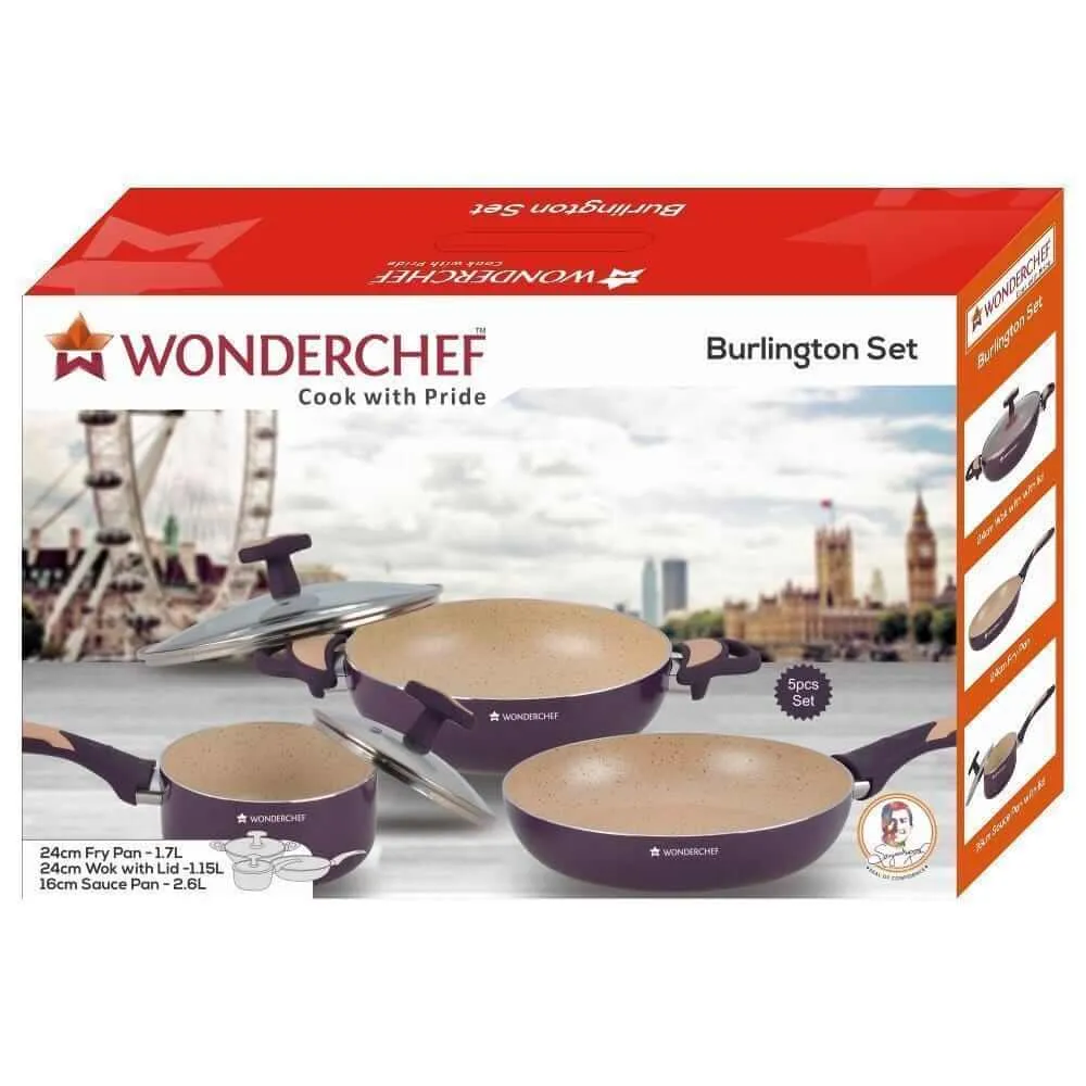 5-Piece Burlington Nonstick Cookware Set with Wok, Sauce Pan, Fry Pan - Induction Bottom, Soft-Touch Handles, Virgin Grade Aluminium, PFOA/Heavy Metals Free, 3mm, 2-Year Warranty - Maroon and Beige