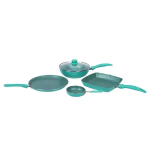 Celebration Non-stick Cookware Set, 5Pc (Wok with Lid, Mini Fry Pan, Dosa Tawa, Grill Pan), Induction Friendly, Soft Touch Handle, Pure Grade Aluminium, PFOA/Heavy Metals Free, 2.2mm, 2 Years Warranty, Turquoise blue