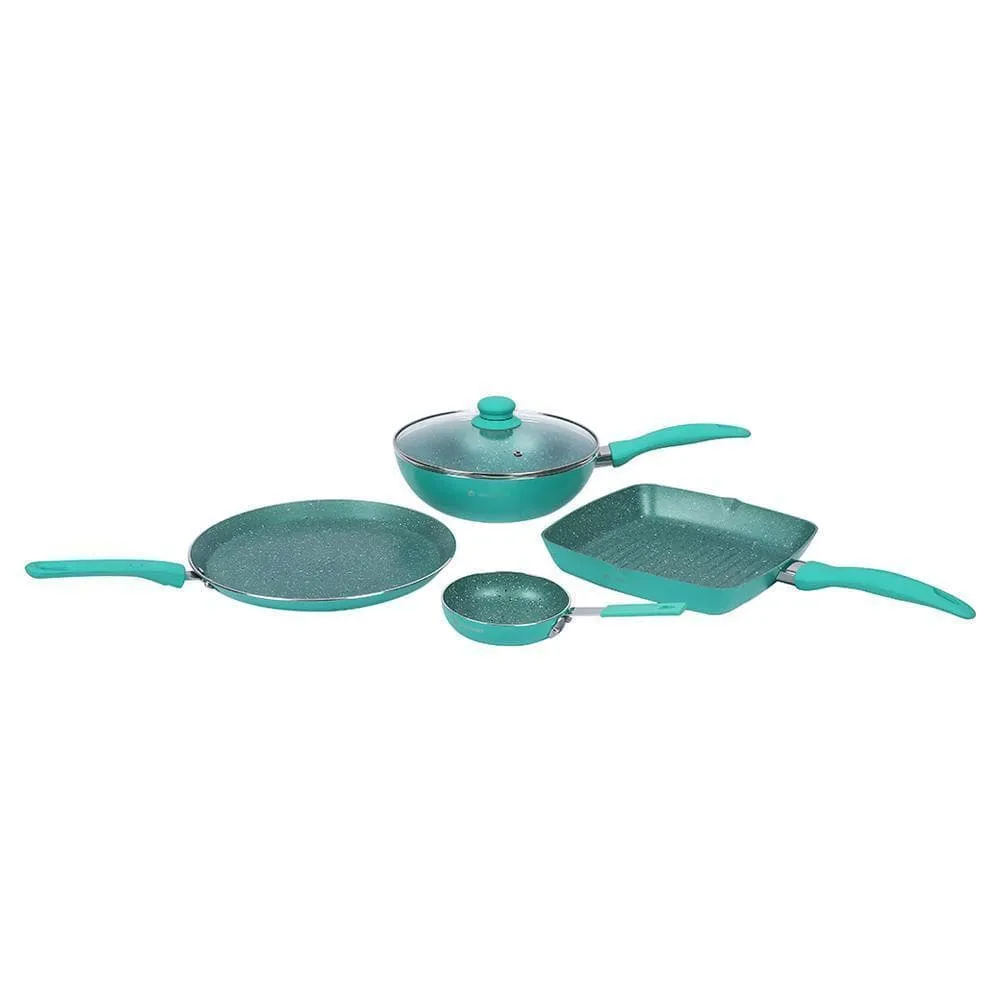 Celebration Non-stick Cookware Set, 5Pc (Wok with Lid, Mini Fry Pan, Dosa Tawa, Grill Pan), Induction Friendly, Soft Touch Handle, Pure Grade Aluminium, PFOA/Heavy Metals Free, 2.2mm, 2 Years Warranty, Turquoise blue