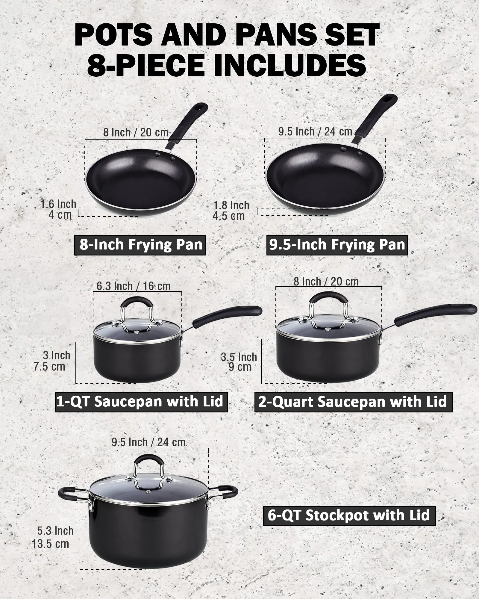 Cook N Home Pots and Pans Nonstick Kitchen Cookware Sets include Saucepan Frying Pan Stockpots 8-Piece, Heavy Gauge, Stay Cool Handle, Black