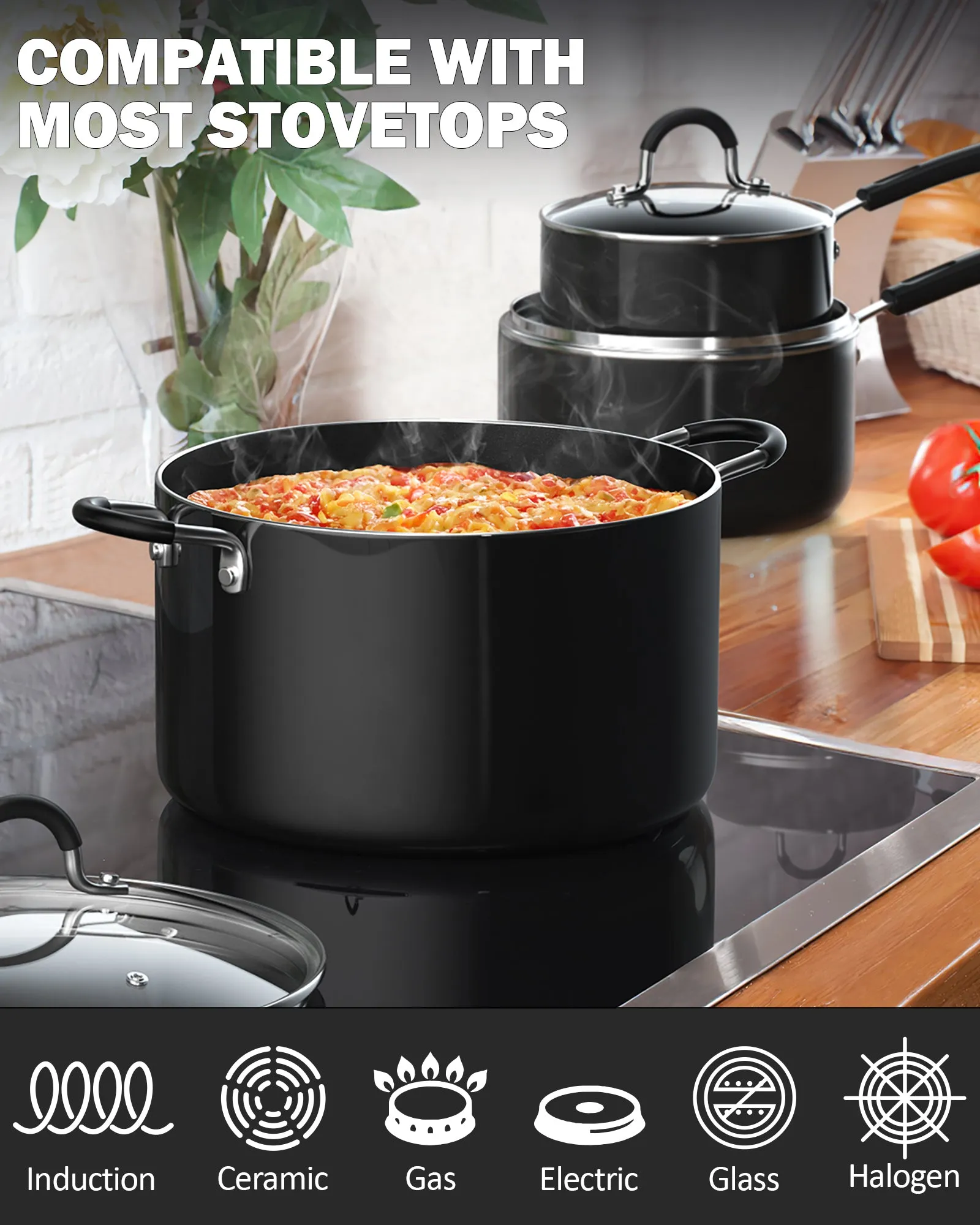 Cook N Home Pots and Pans Nonstick Kitchen Cookware Sets include Saucepan Frying Pan Stockpots 8-Piece, Heavy Gauge, Stay Cool Handle, Black