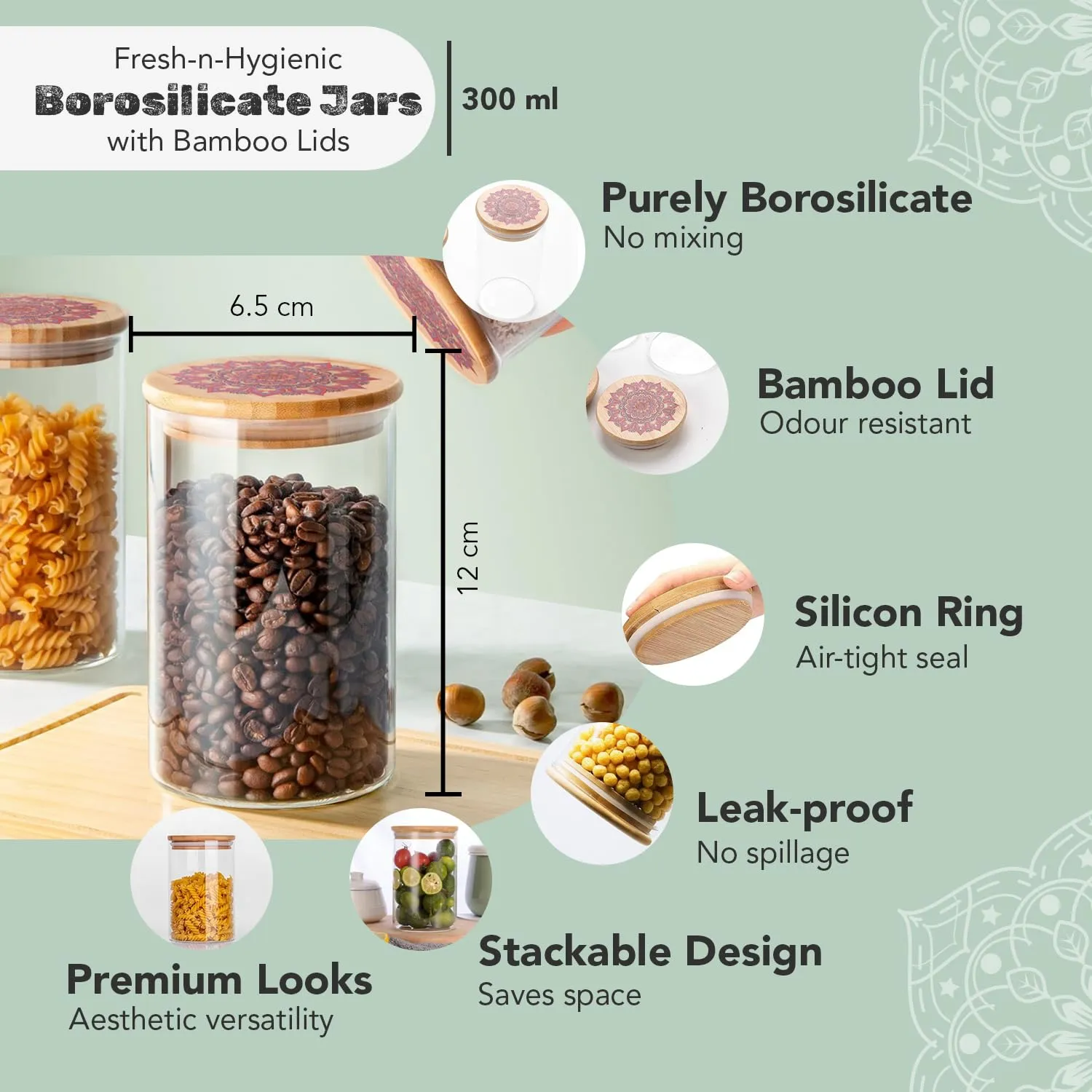 Ekhasa Airtight 100% Borosilicate Glass Jars with Printed Bamboo Lid (Set of 6, 300ml) | Glass Container for Kitchen Storage | Kitchen Containers Set Glass | Air Tight Glass Jar with Wooden Lid