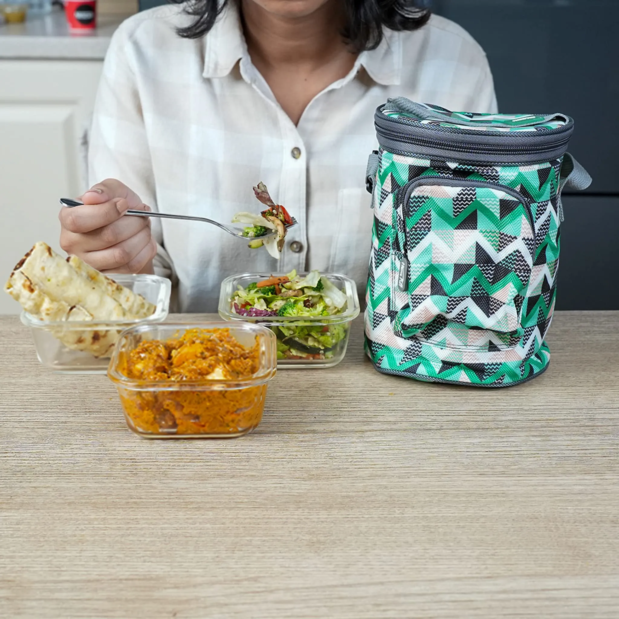 Home Puff Borosilicate Glass Lunch Box -Microwavable, AirVent Lid, Premium Carry Bag (Square 320 ML, Set of 3) Green