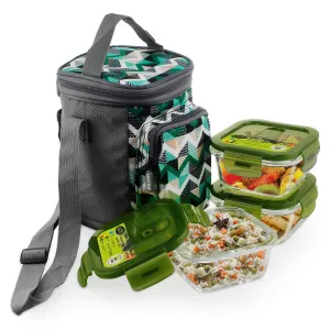 Home Puff Borosilicate Glass Lunch Box -Microwavable, AirVent Lid, Premium Carry Bag (Square 320 ML, Set of 3) Green