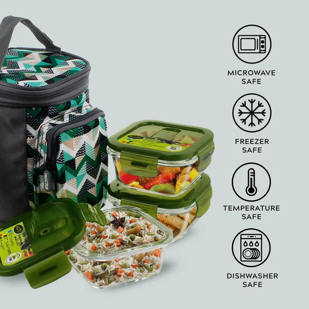 Home Puff Borosilicate Glass Lunch Box -Microwavable, AirVent Lid, Premium Carry Bag (Square 320 ML, Set of 3) Green