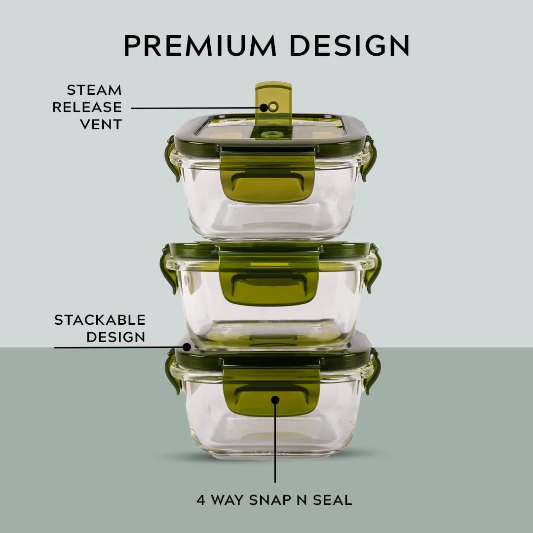 Home Puff Borosilicate Glass Lunch Box -Microwavable, AirVent Lid, Premium Carry Bag (Square 320 ML, Set of 3) Green