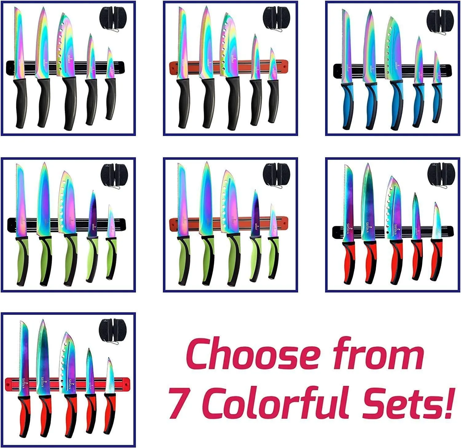 Kitchen Knife Set 5 Professional Grade Iridescent Blade Sharpener Hanger Red