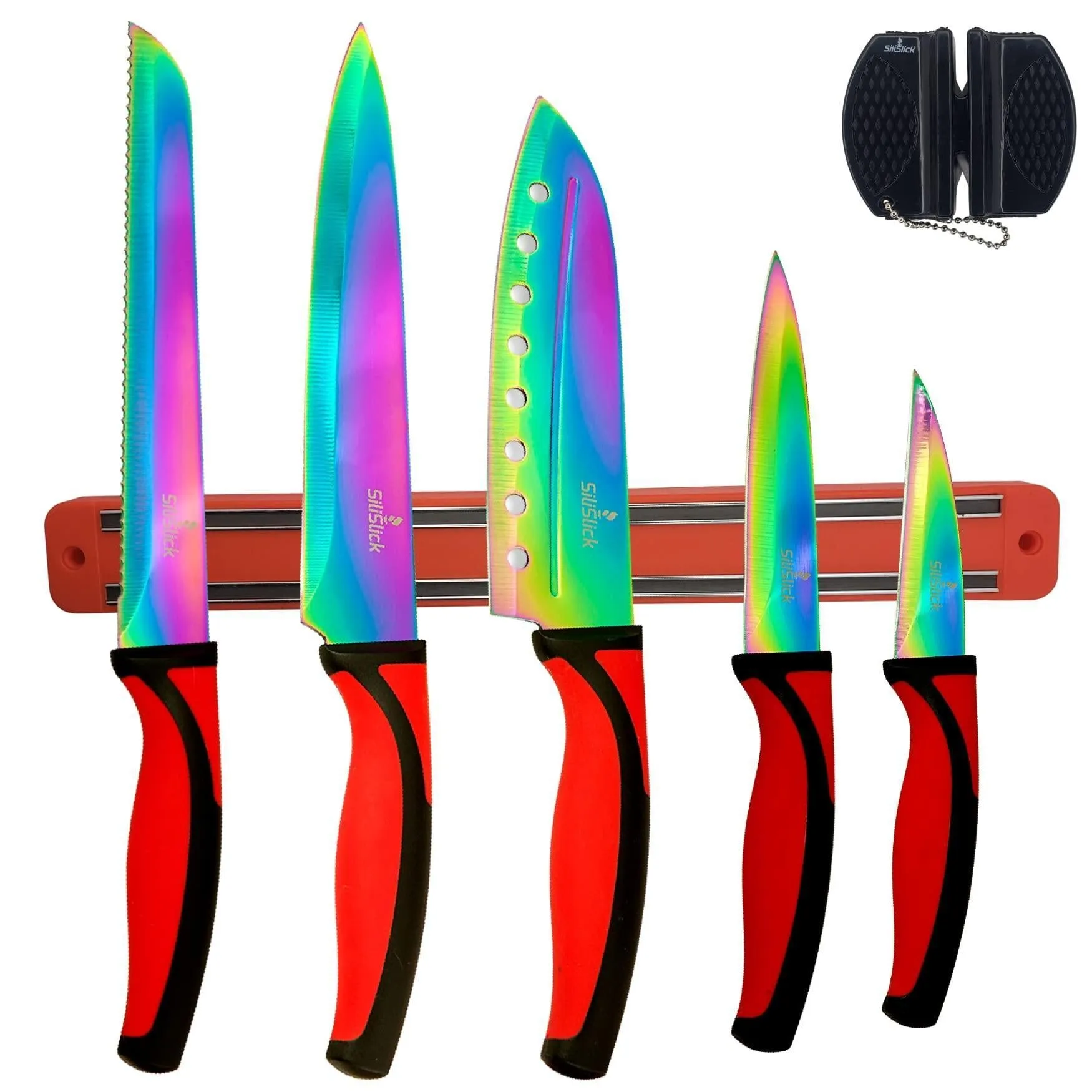 Kitchen Knife Set 5 Professional Grade Iridescent Blade Sharpener Hanger Red