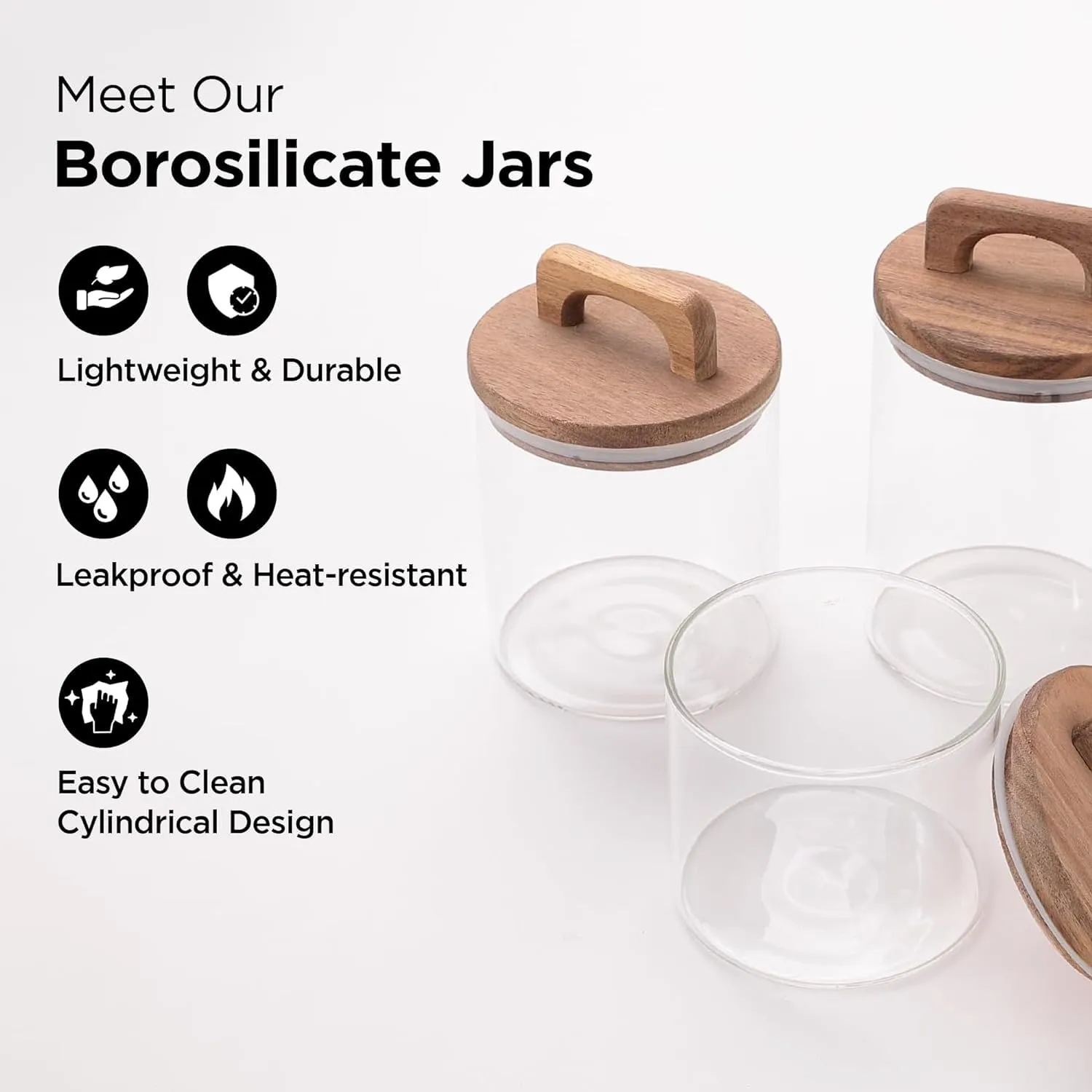 Kuber Industries Borosilicate Glass Jars with Wooden Lids and Handles | Airtight Containers with lid | Kitchen Organization Items & Storage | Transparent | Multipurpose | 500ml 660ml 800ml | Pack of 3