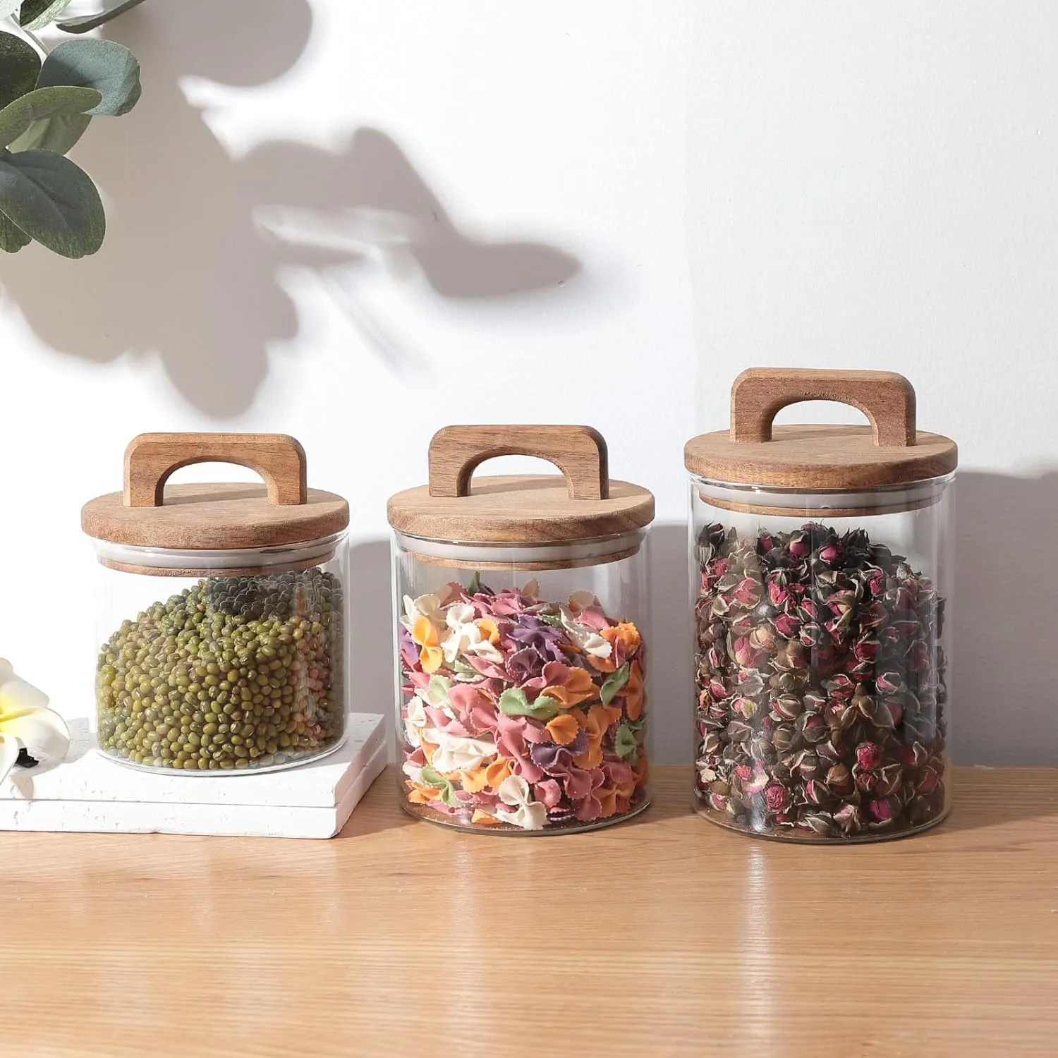 Kuber Industries Borosilicate Glass Jars with Wooden Lids and Handles | Airtight Containers with lid | Kitchen Organization Items & Storage | Transparent | Multipurpose | 500ml 660ml 800ml | Pack of 3