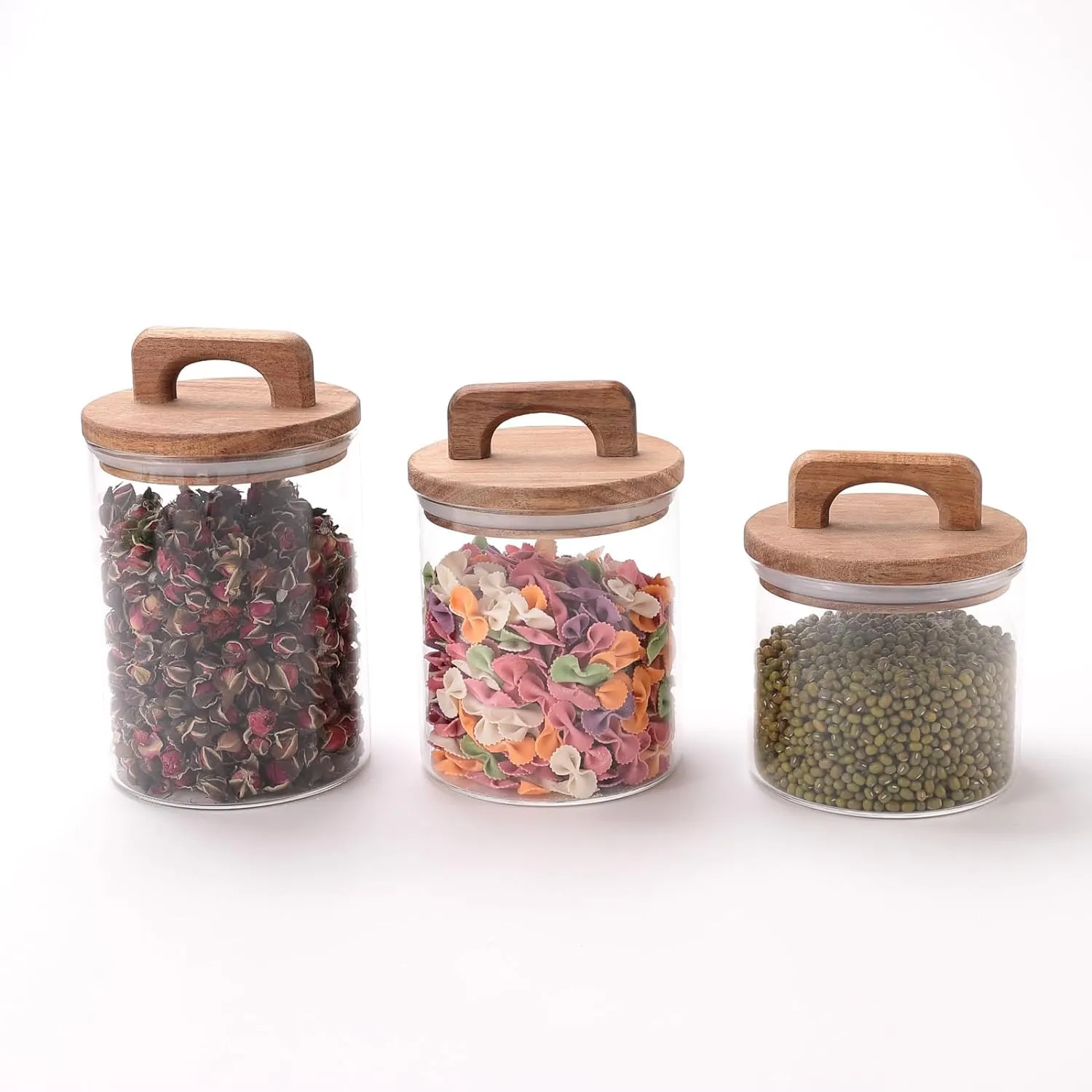 Kuber Industries Borosilicate Glass Jars with Wooden Lids and Handles | Airtight Containers with lid | Kitchen Organization Items & Storage | Transparent | Multipurpose | 500ml 660ml 800ml | Pack of 3