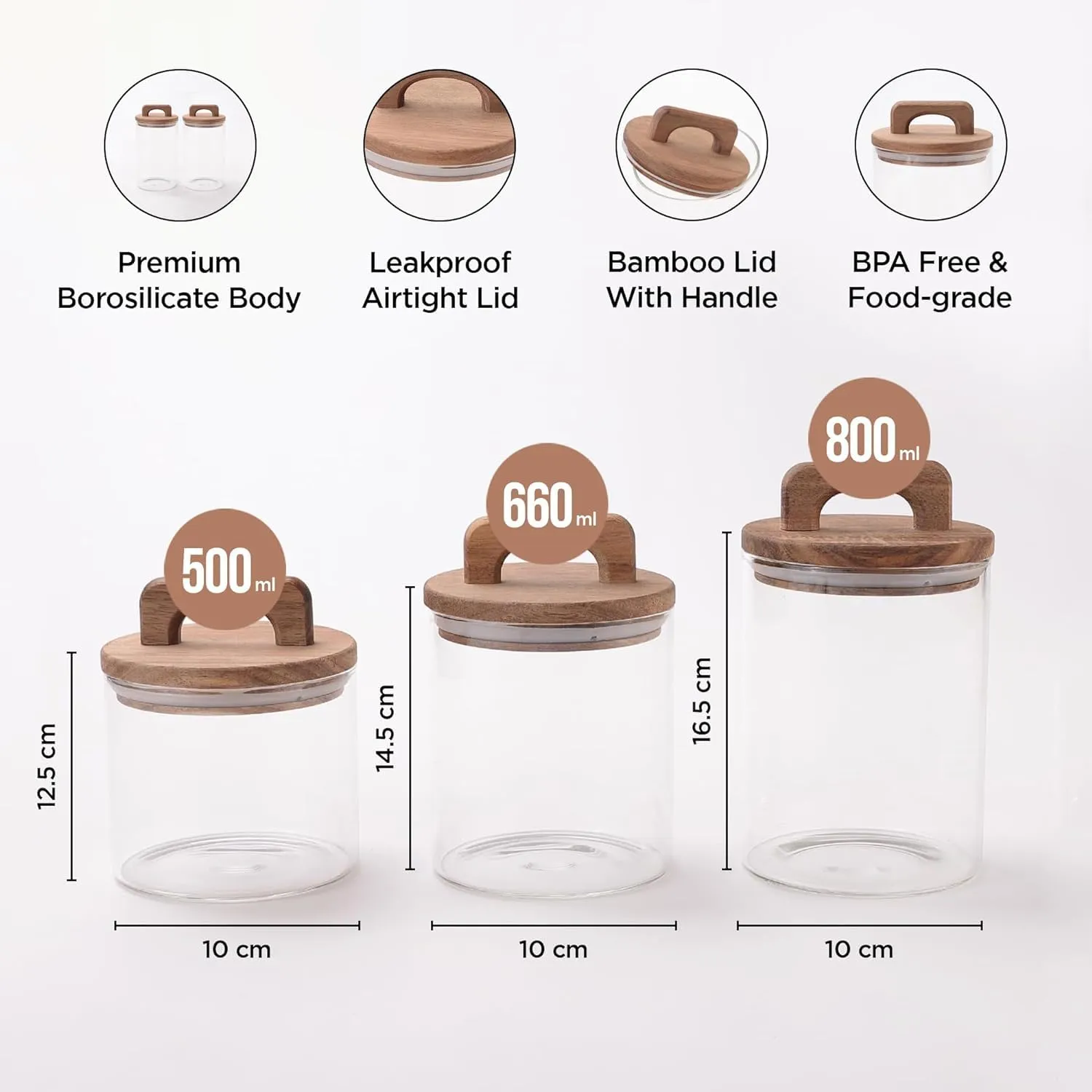 Kuber Industries Borosilicate Glass Jars with Wooden Lids and Handles | Airtight Containers with lid | Kitchen Organization Items & Storage | Transparent | Multipurpose | 500ml 660ml 800ml | Pack of 3