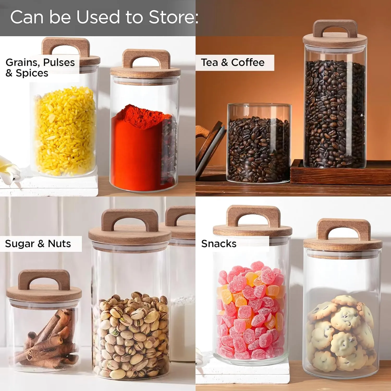 Kuber Industries Borosilicate Glass Jars with Wooden Lids and Handles | Airtight Containers with lid | Kitchen Organization Items & Storage | Transparent | Multipurpose | 500ml 660ml 800ml | Pack of 3