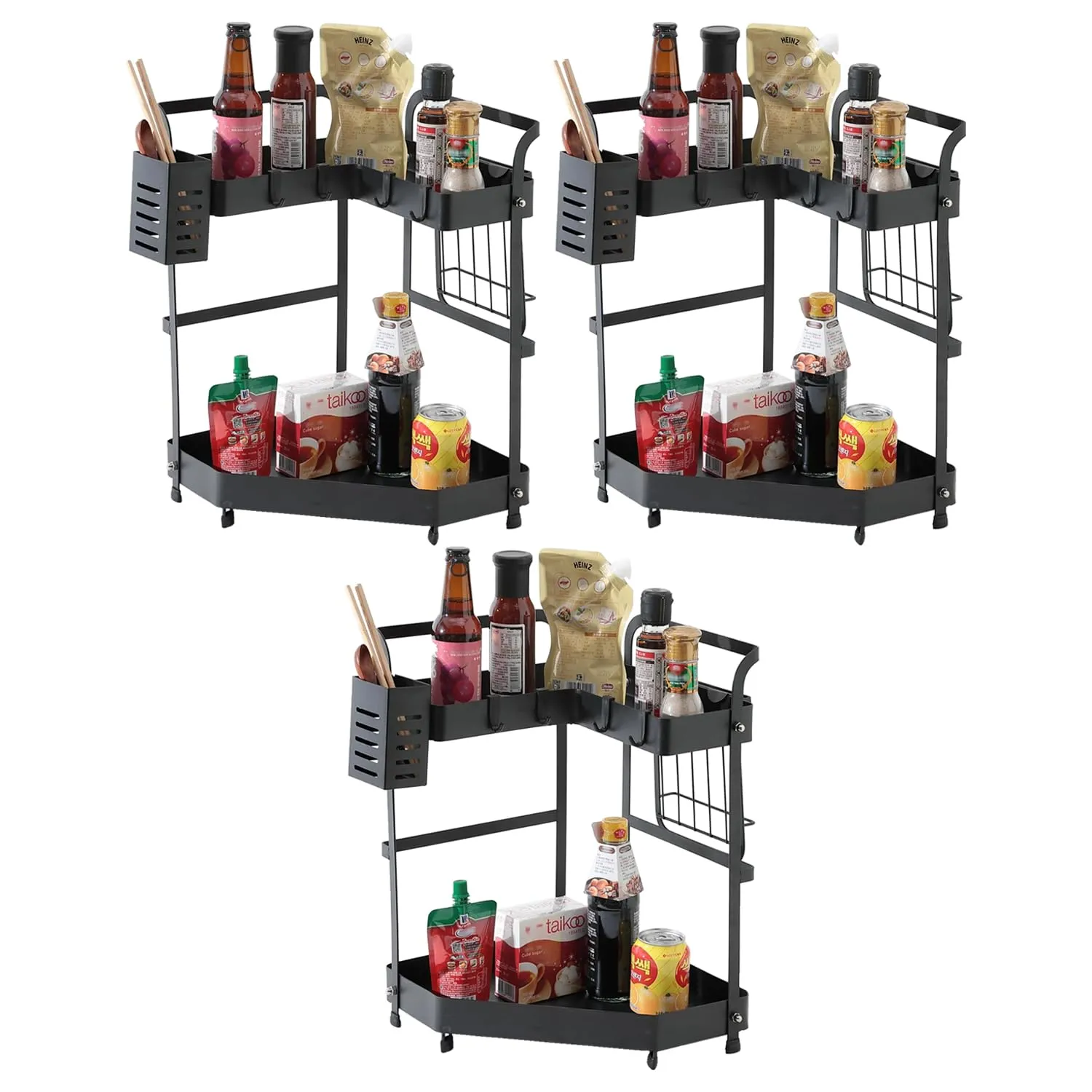Kuber Industries Corner Kitchen Rack|Spice Rack,Chopsticks Rest, Knife Holder|4 Hooks Kitchen Storage Rack|L Shape Basket Pack of 3 (Black)
