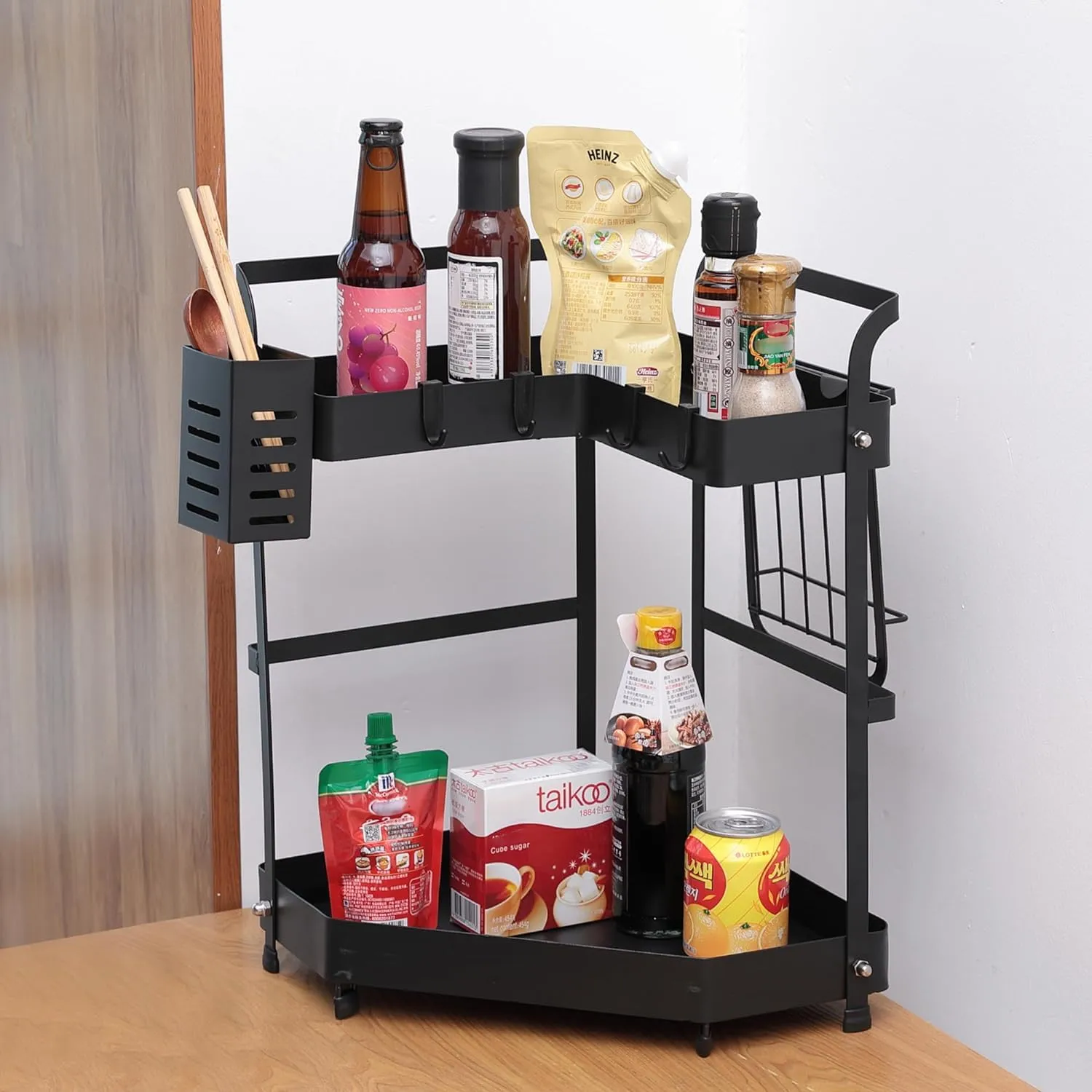 Kuber Industries Corner Kitchen Rack|Spice Rack,Chopsticks Rest, Knife Holder|4 Hooks Kitchen Storage Rack|L Shape Basket Pack of 3 (Black)