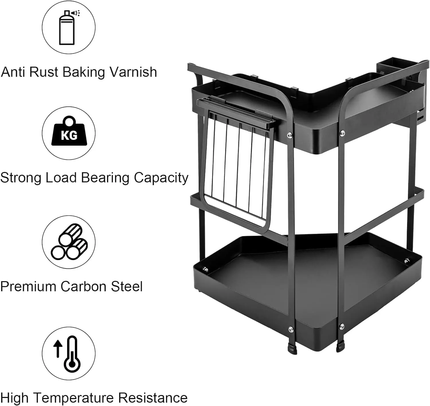 Kuber Industries Corner Kitchen Rack|Spice Rack,Chopsticks Rest, Knife Holder|4 Hooks Kitchen Storage Rack|L Shape Basket Pack of 3 (Black)