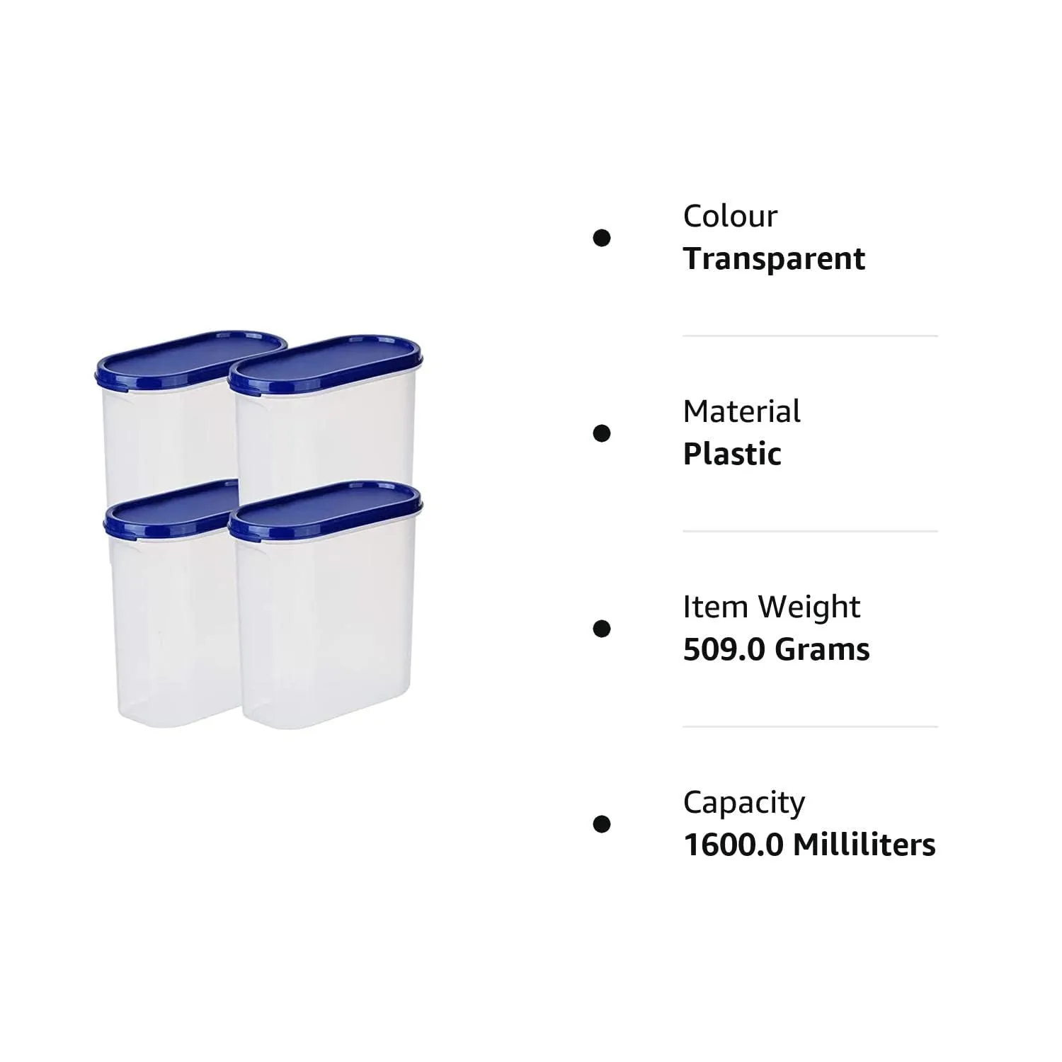 Kuber Industries Plastic Storage Containers With Lid I Set of 4, 1600 ml|Airtight, Stackable, Spill-proof, Travel-friendly|Transparent with Blue Lid|For Dry & Wet Foods, Cereals, Dryfruits (Pack Of 5)