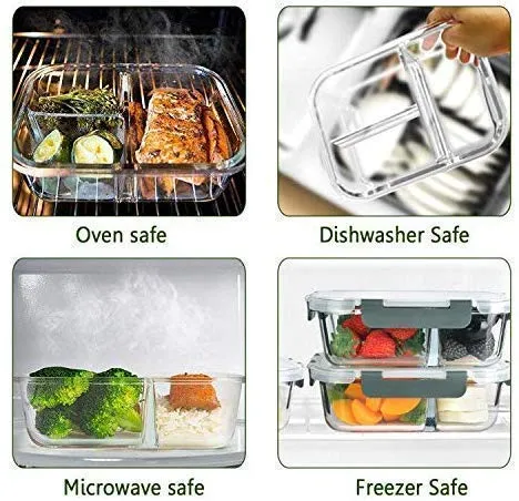 Moozico Glass Lunch Box Microwave Oven Safe 3-Compartment Glass Storage Box With Leak Proof Airtight Lid -1000Ml (Rendom Color) - Clear
