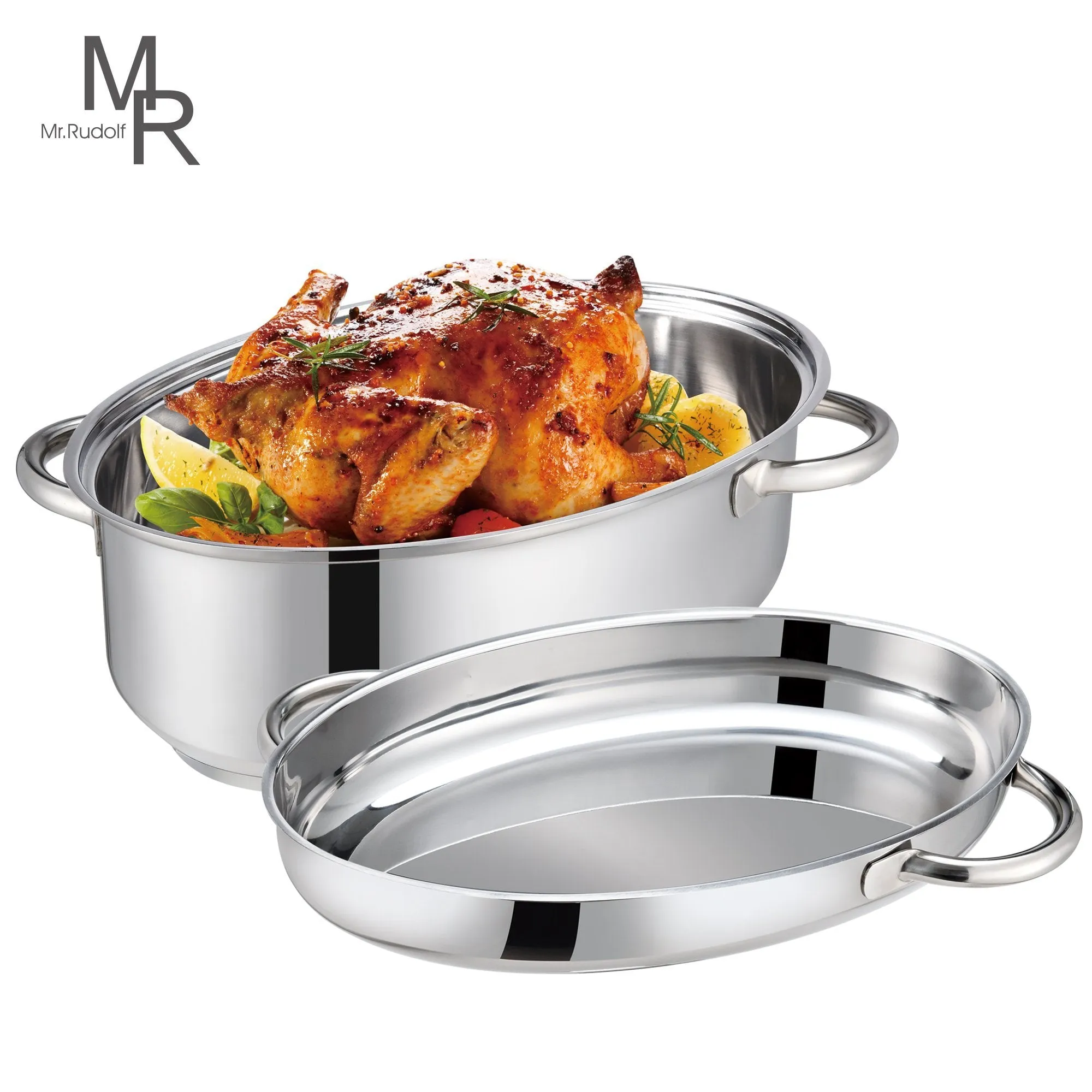 Mr Rudolf 18/10 Stainless Steel 15-inch Oval Roaster with Rack and Lid Dishwasher Safe Oven Safe Oval Roasting Pan PFOA Free 8.5 Quart   4.2 Quart