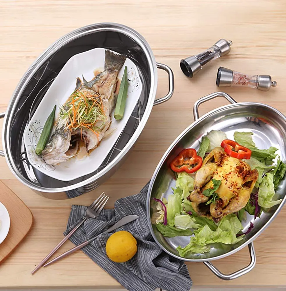 Mr Rudolf 18/10 Stainless Steel 15-inch Oval Roaster with Rack and Lid Dishwasher Safe Oven Safe Oval Roasting Pan PFOA Free 8.5 Quart   4.2 Quart