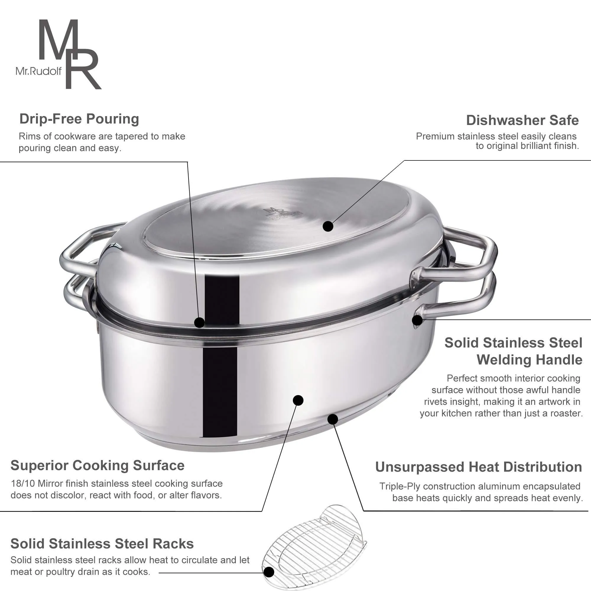 Mr Rudolf 18/10 Stainless Steel 15-inch Oval Roaster with Rack and Lid Dishwasher Safe Oven Safe Oval Roasting Pan PFOA Free 8.5 Quart   4.2 Quart