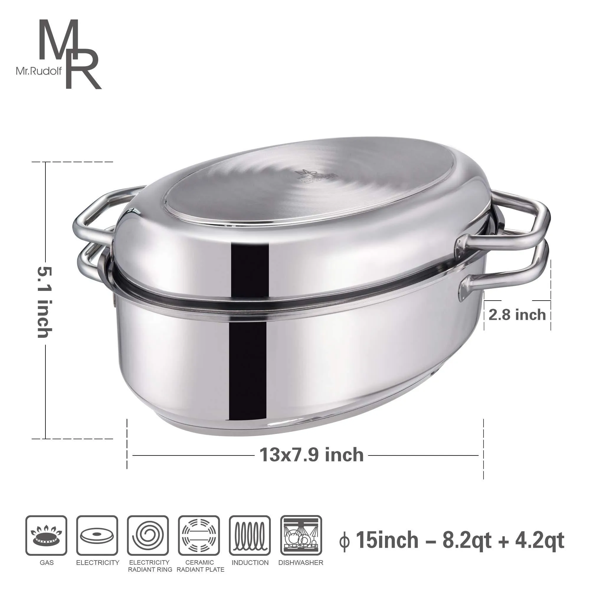 Mr Rudolf 18/10 Stainless Steel 15-inch Oval Roaster with Rack and Lid Dishwasher Safe Oven Safe Oval Roasting Pan PFOA Free 8.5 Quart   4.2 Quart