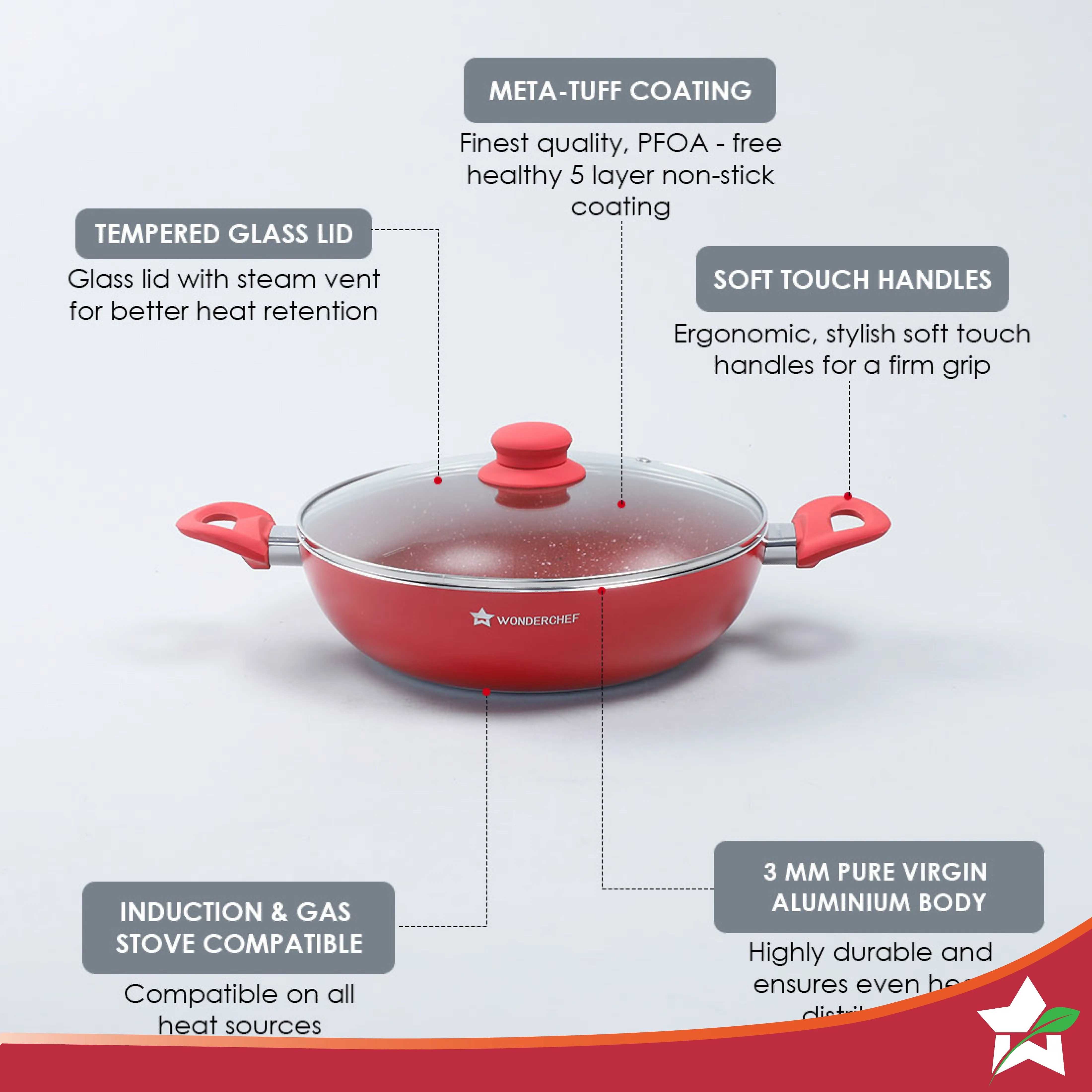 Royal Velvet 24cm Wok with Lid Red|  Induction bottom | Soft-touch handles | Virgin grade Aluminium | PFOA and Heavy metals free | 3 mm Thickness | 2 years warranty| Aqua
