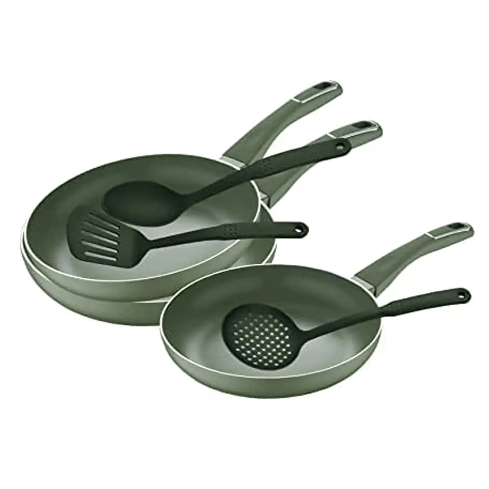 Set of 3 Frying Pans With 3 Utensils Aluminium Non-Stick Green