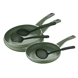 Set of 3 Frying Pans With 3 Utensils Aluminium Non-Stick Green