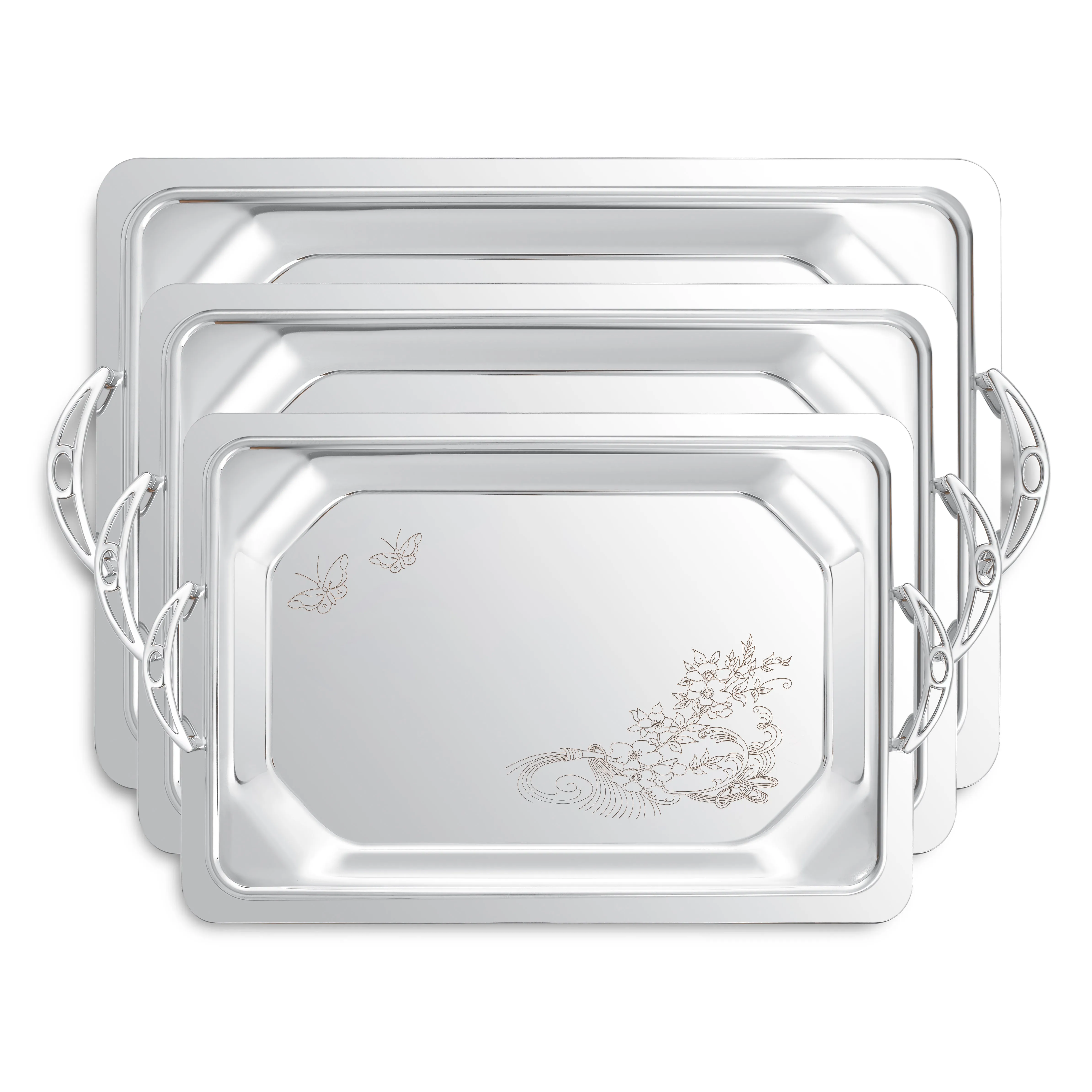 Set of 3 pcs Rectangular tray set with handle (rosy)