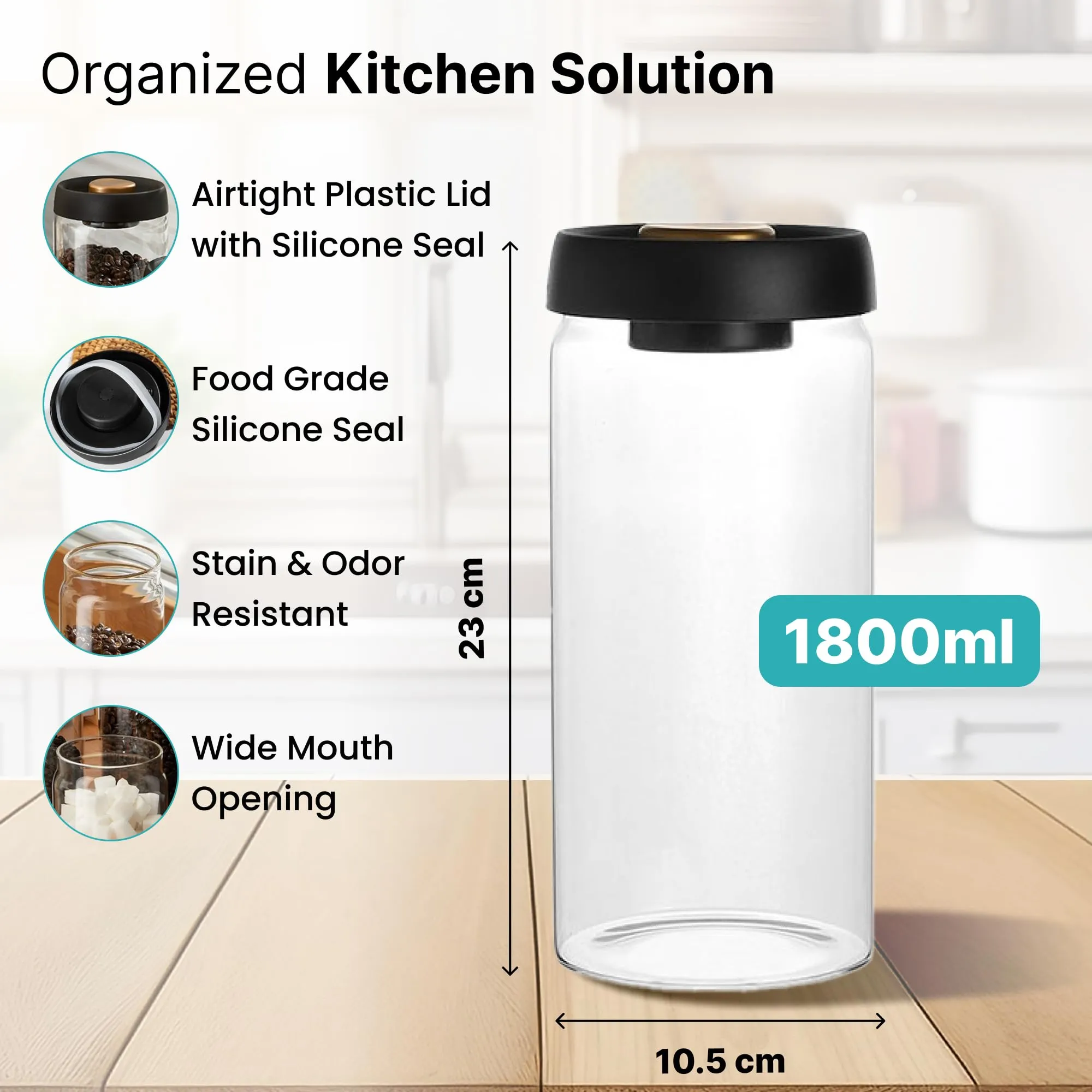 The Better Home Borosilicate Glass Jars for Kitchen Storage with Vacuum Plastic Lid | 1800ml | Multipurpose Airtight Jars for Cookies, Snacks, Spices, Coffee, Sugar, Dry Fruits, Nuts |Pack of 2