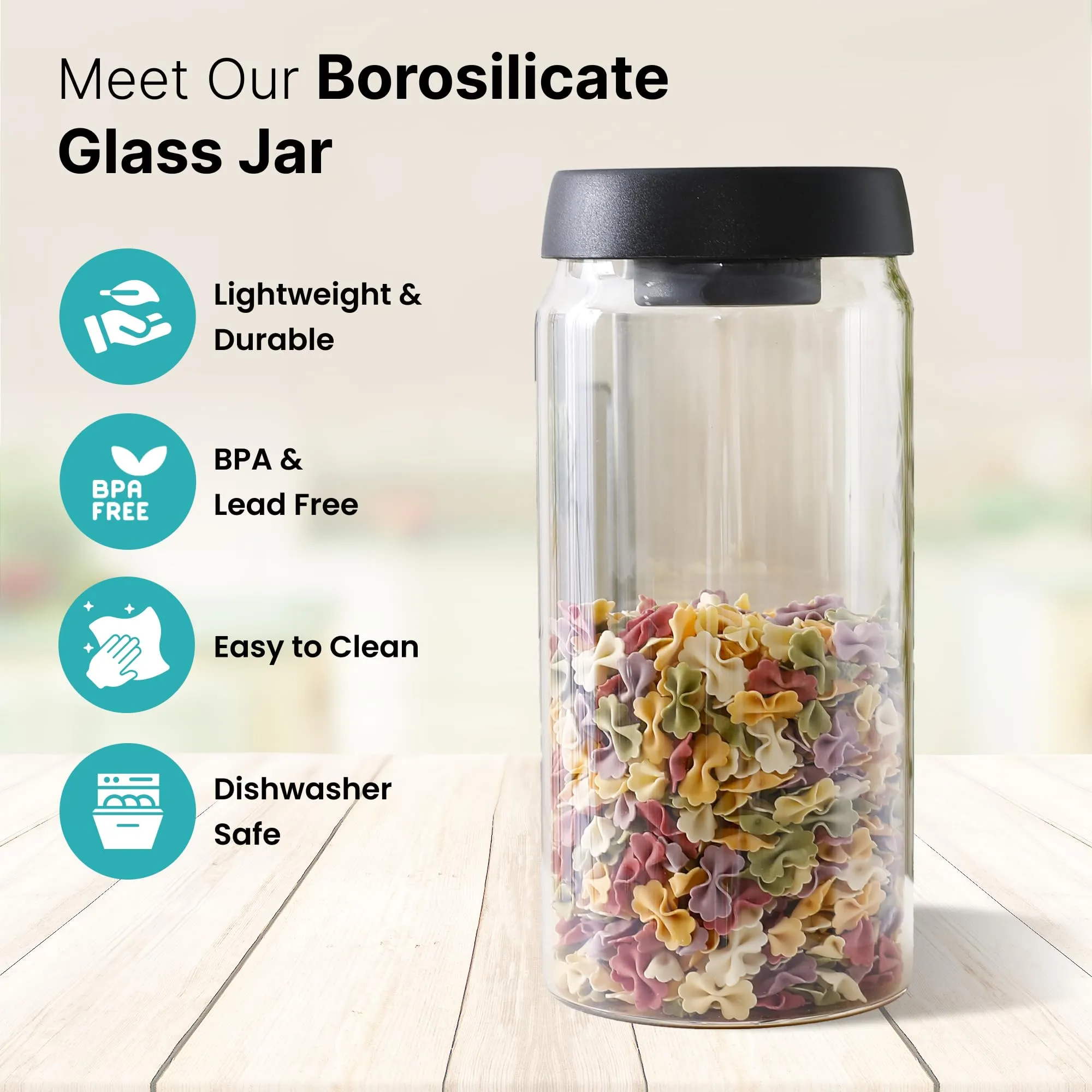 The Better Home Borosilicate Glass Jars for Kitchen Storage with Vacuum Plastic Lid | 1800ml | Multipurpose Airtight Jars for Cookies, Snacks, Spices, Coffee, Sugar, Dry Fruits, Nuts |Pack of 2