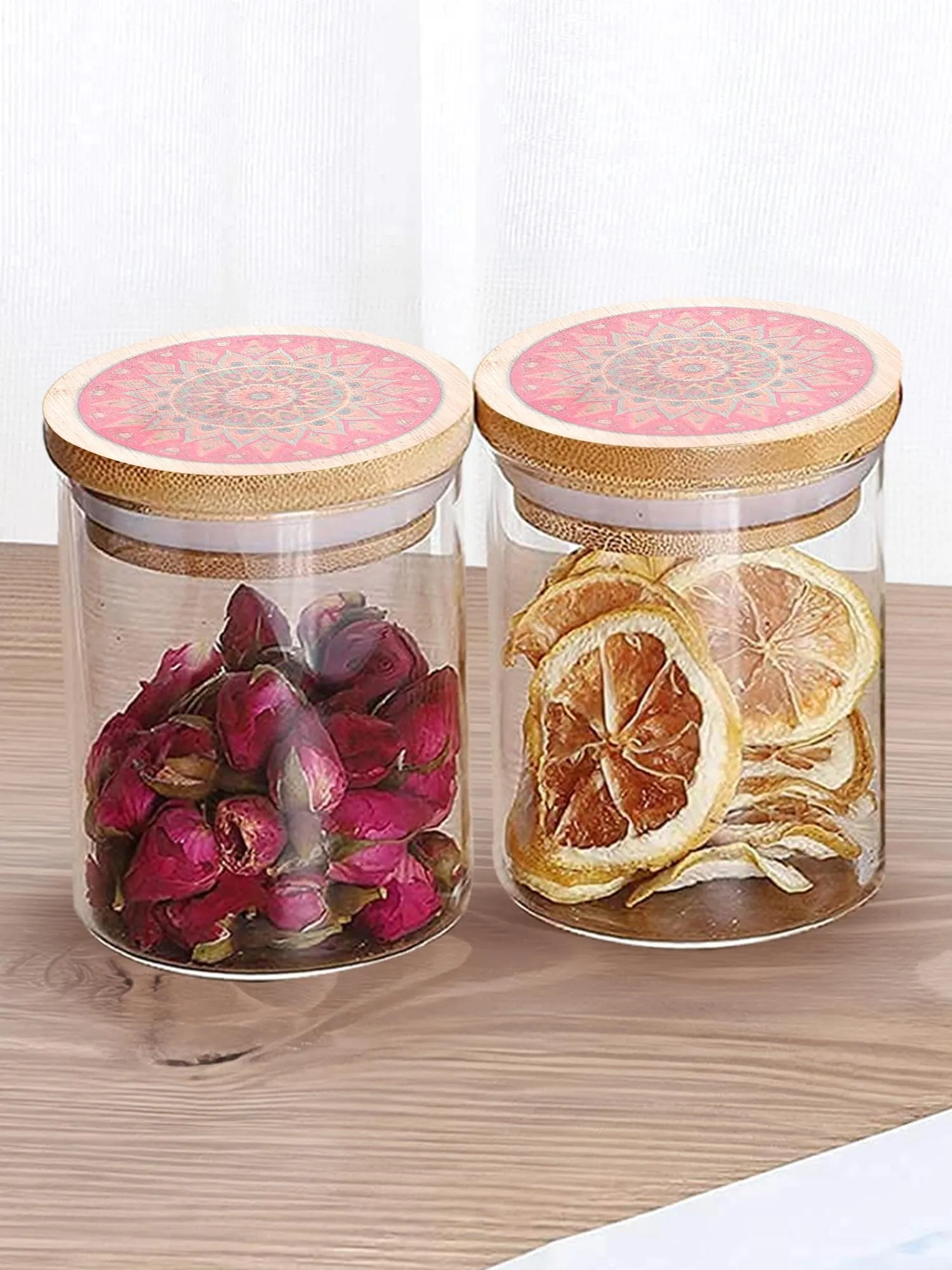 The Better Home Borosilicate Kitchen Containers with Bamboo Lid (2Pcs - 300 ml Each)| Airtight Jar For Kitchen Storage Box | Glass Jars For Cookies, Snack, Spices, Tea | Jars & Containers Set (Orange)